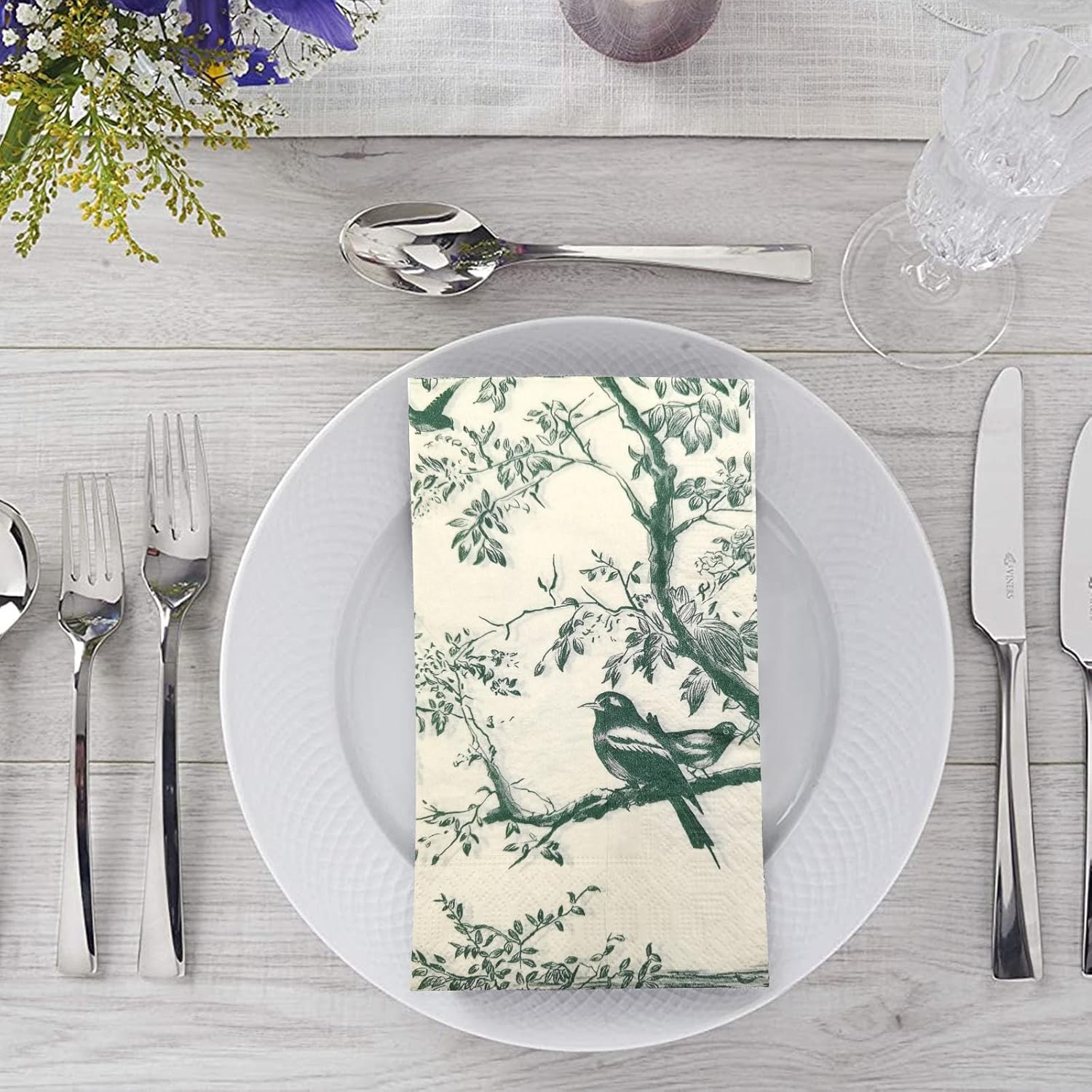 50 Pack Green Toile Paper Napkins, Special Birds and Tree Decorative Disposable