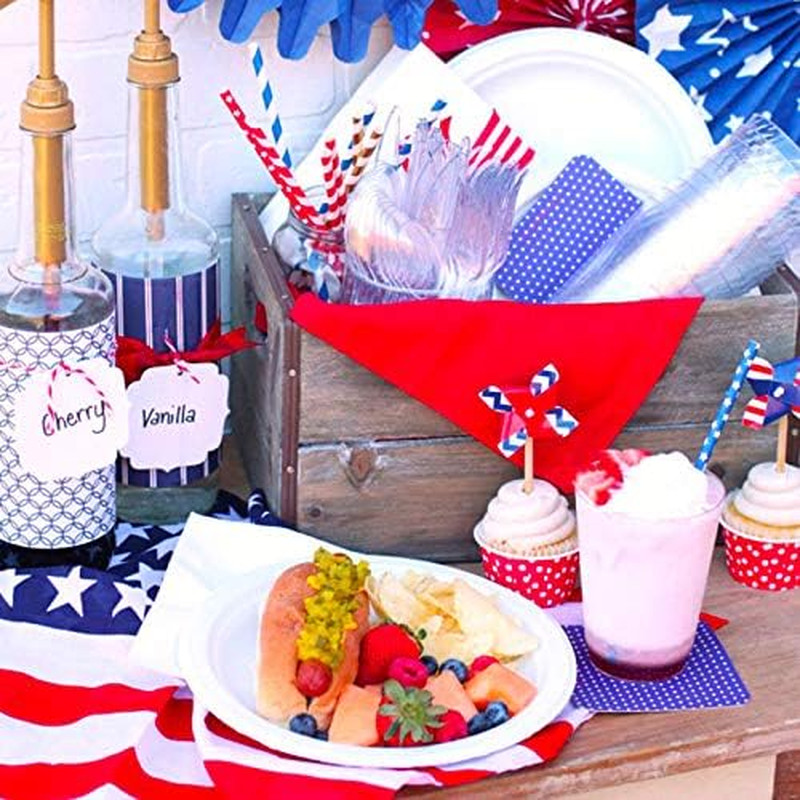 ALINK American Flag Red Blue White Paper Straws, 100 Stripe/Star Biodegradable