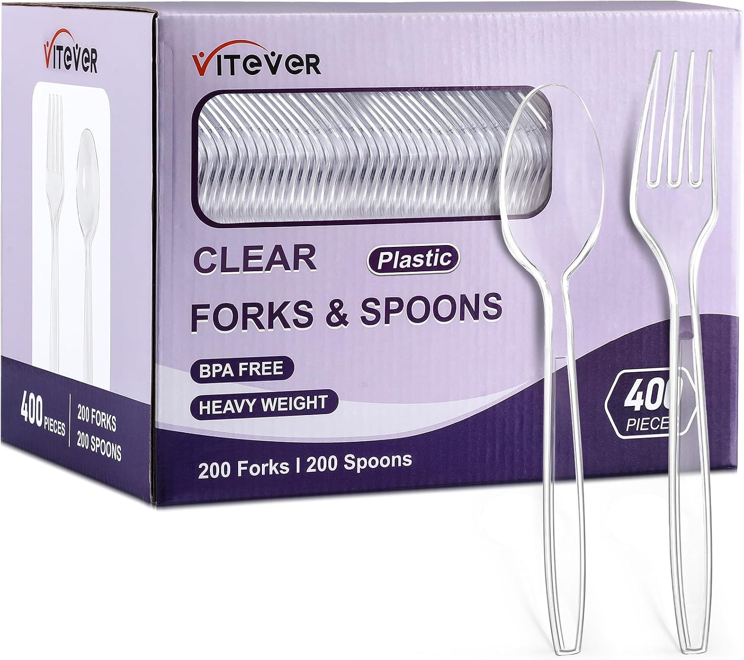 [400 Count] Clear Plastic Forks and Spoons Set Bulk – Heavy Duty Disposable Spoo