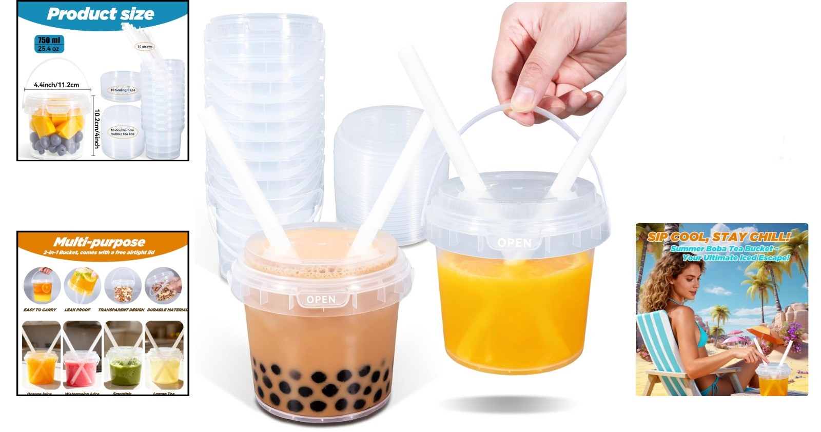 25Oz Reusable Plastic Drink Buckets with Lids and Straws – 10 Pack