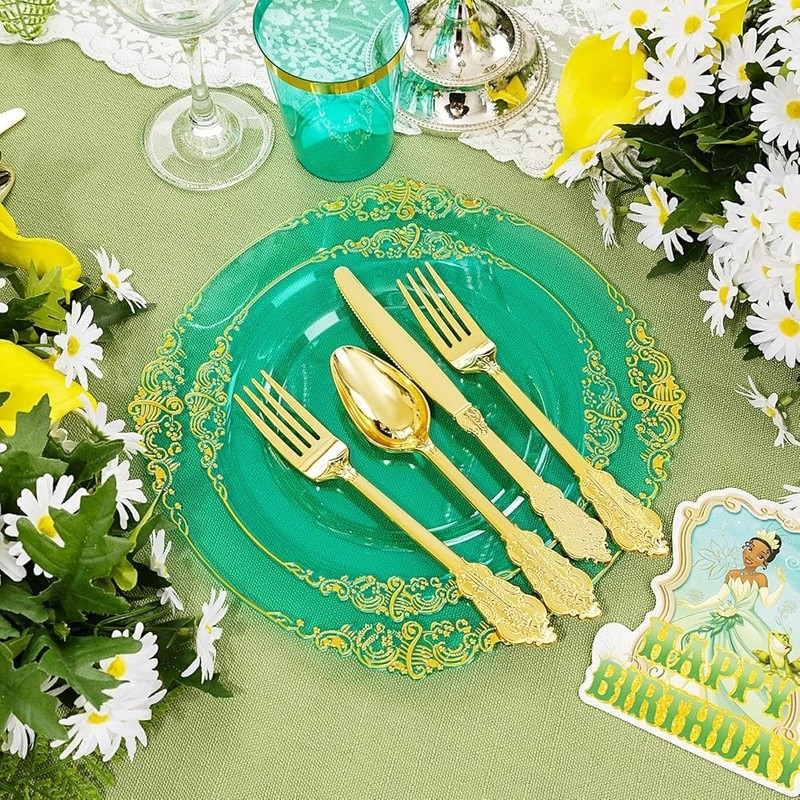 Premium Disposable Plastic Plates Set 25 Guests W/ Gold Cutlery & Napkins New