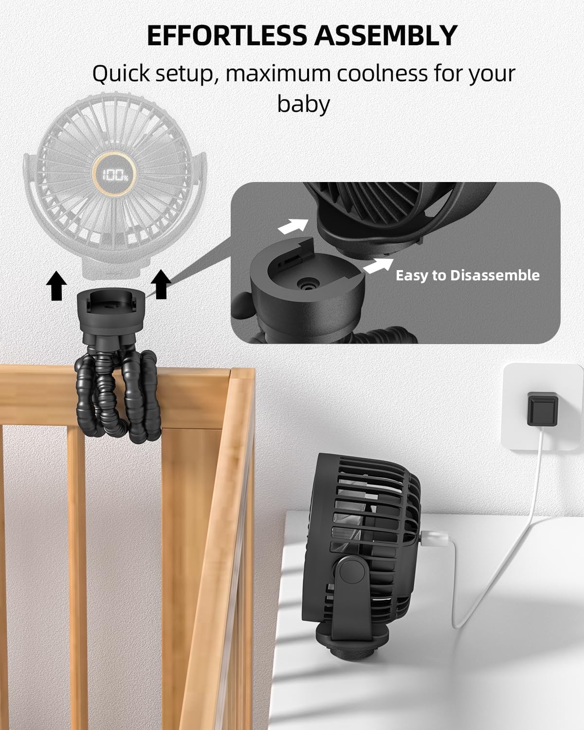 Portable Stroller Mini Fan, Small Rechargeable Personal Fan, Baby Travel Essenti