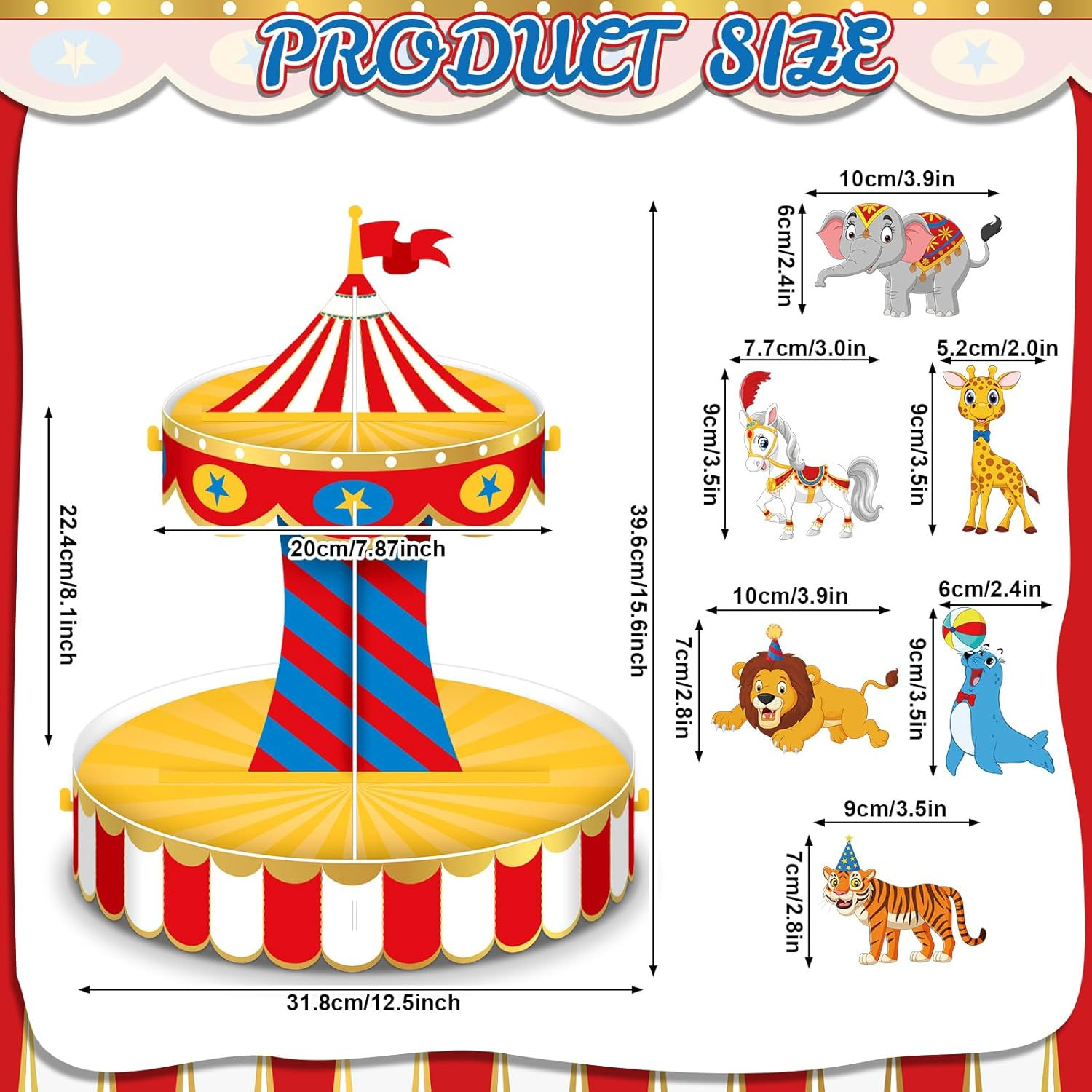 Carnival Circus Cupcake Stand Party Decorations with 24 Cupcake Toppers Circu…