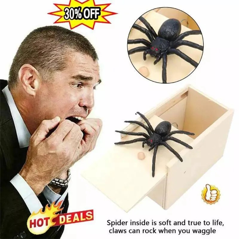 Wooden Spider Prank Box Jump Scare Surprise Gag Toy Funny Halloween Gift