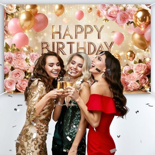 Rose Gold Happy Birthday Backdrop Banner for Women | Pink Floral Happy 6×3.6ft