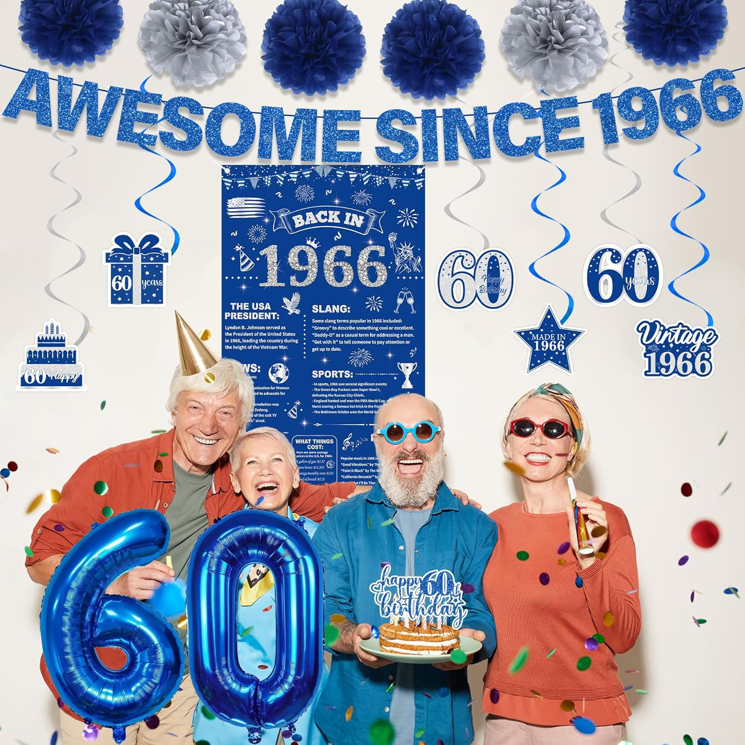 60Th Birthday Decorations Men Banner – 17 Pcs Blue Glitter Back in 1966 Birthday