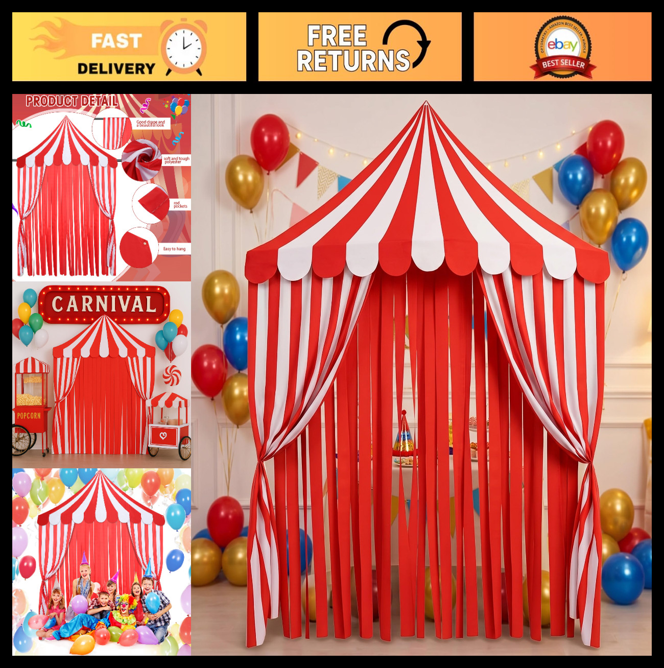 4-Piece Carnival Circus Decor Set – Red Striped Tent Canopy & Curtains for Party