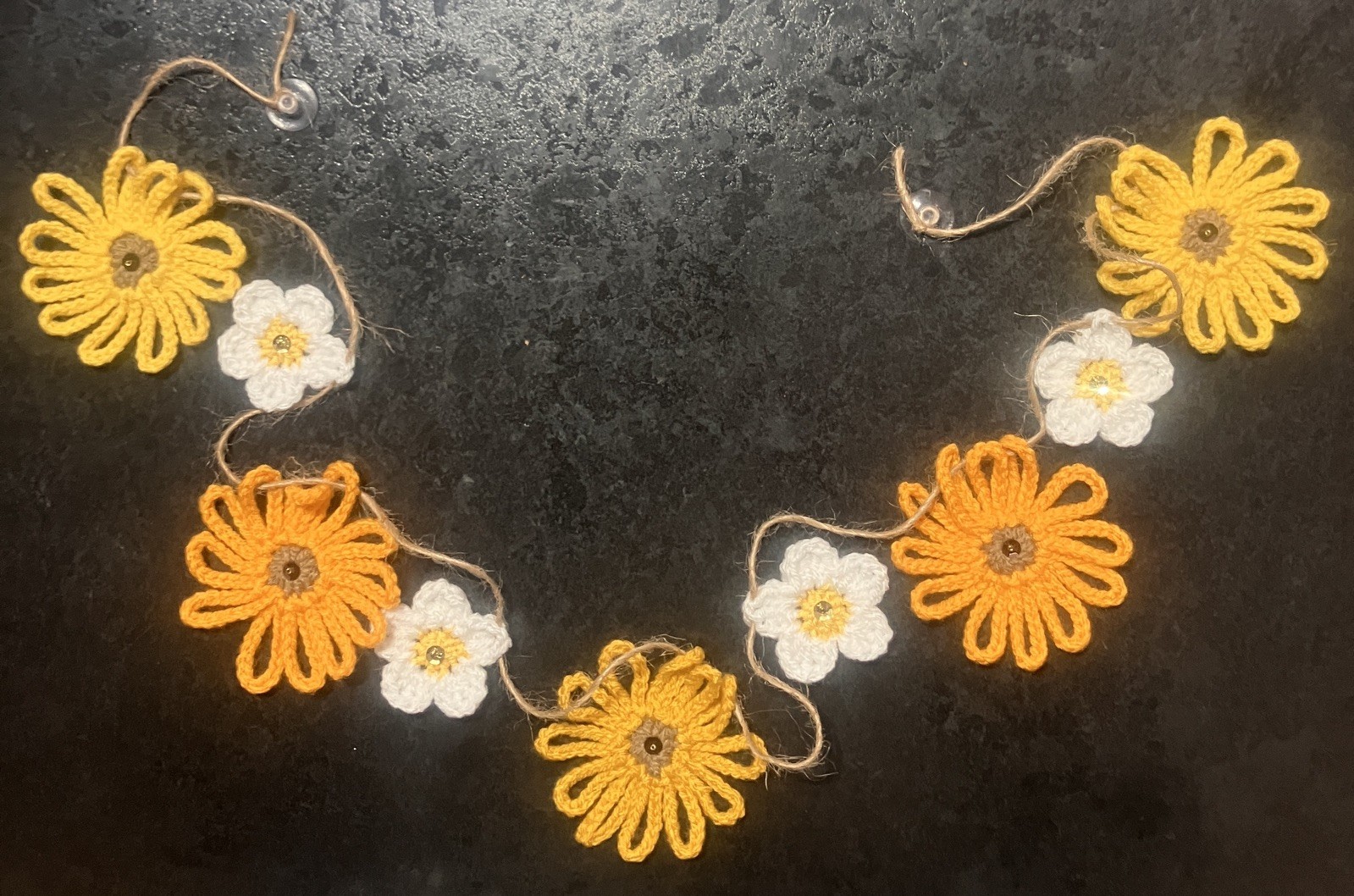 🌻🌼 New hand Crochet Sunflower Daisy jute Bunting Window camper caravan Gift