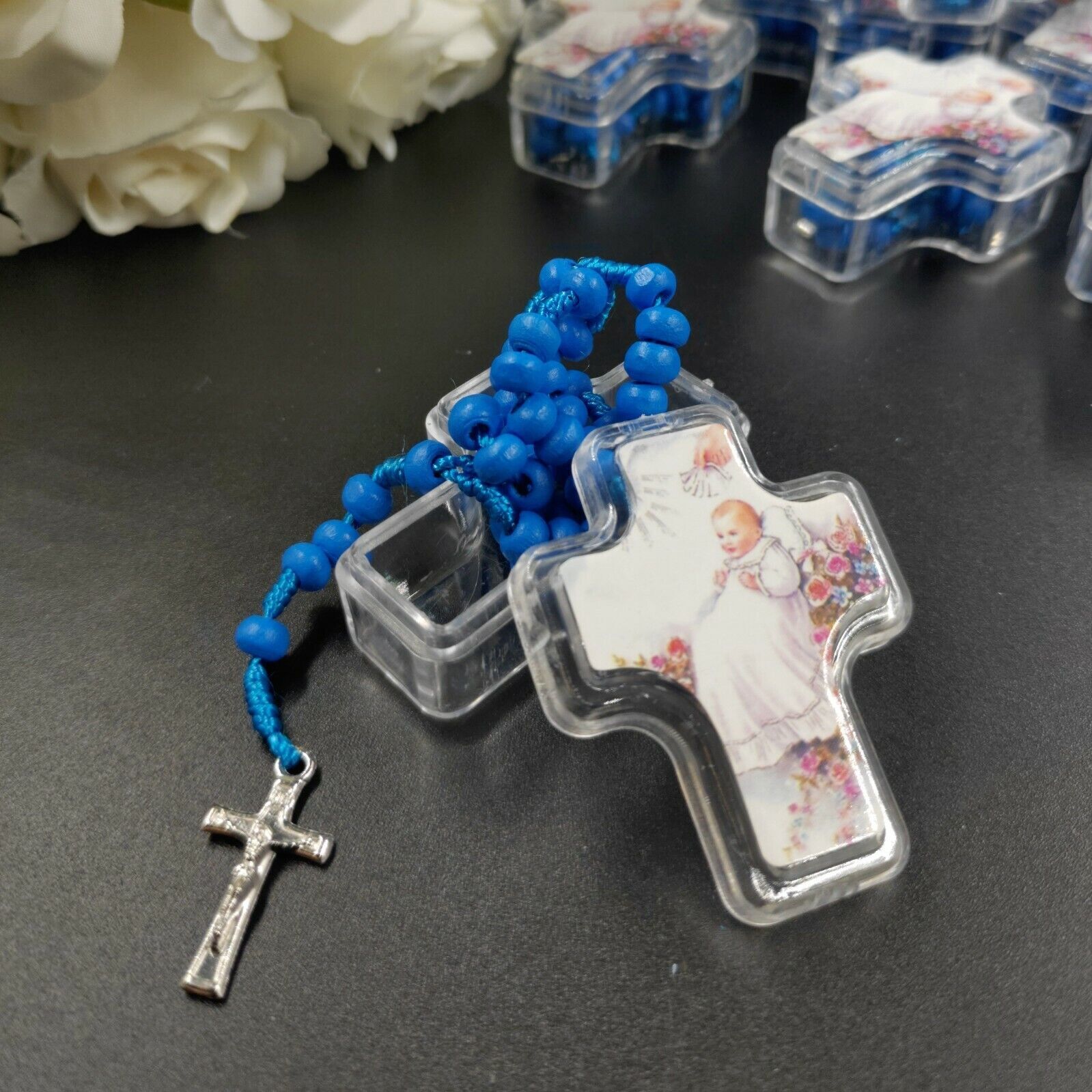 US 12pcs Handmade Rosary in Cross Box for Hot Days Baptism Favors w Organza Bag