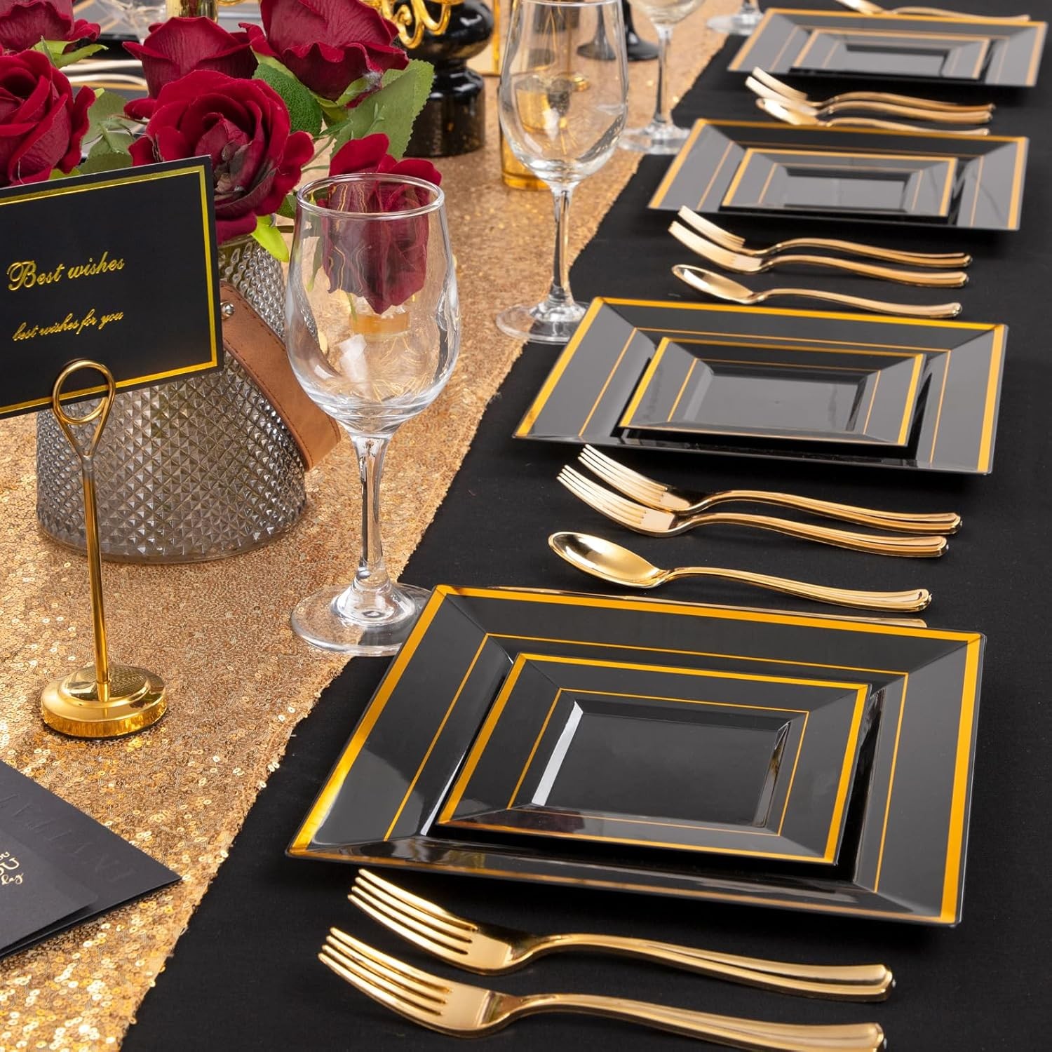 Liacere 100PCS Black and Gold Square Plastic 9.5/6inch, Black/Gold