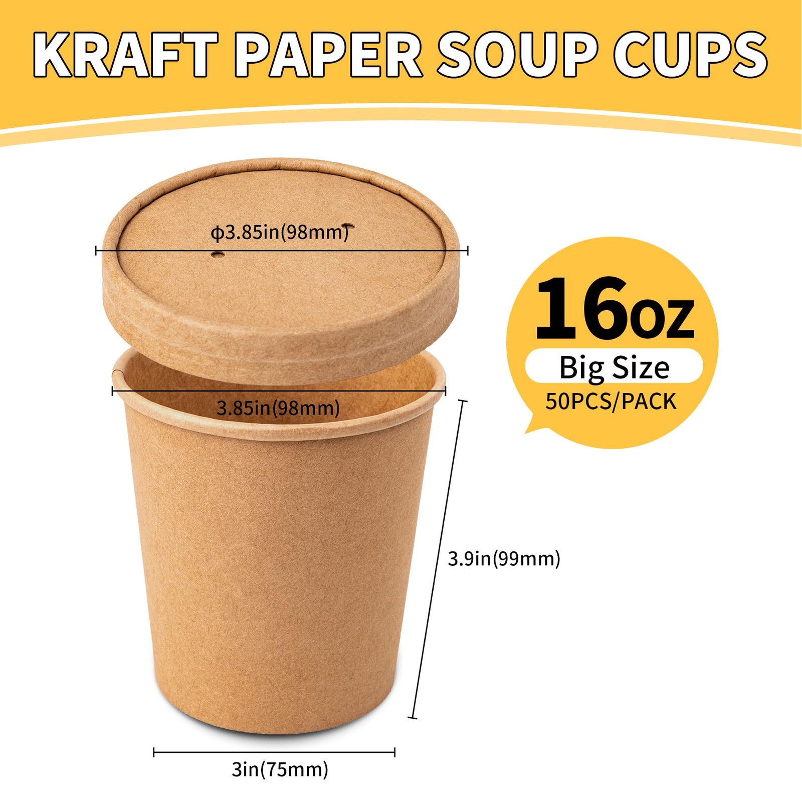 PakTalk [50 Pack Soup Containers with Lids, Disposable To Go Containers Kraft 16