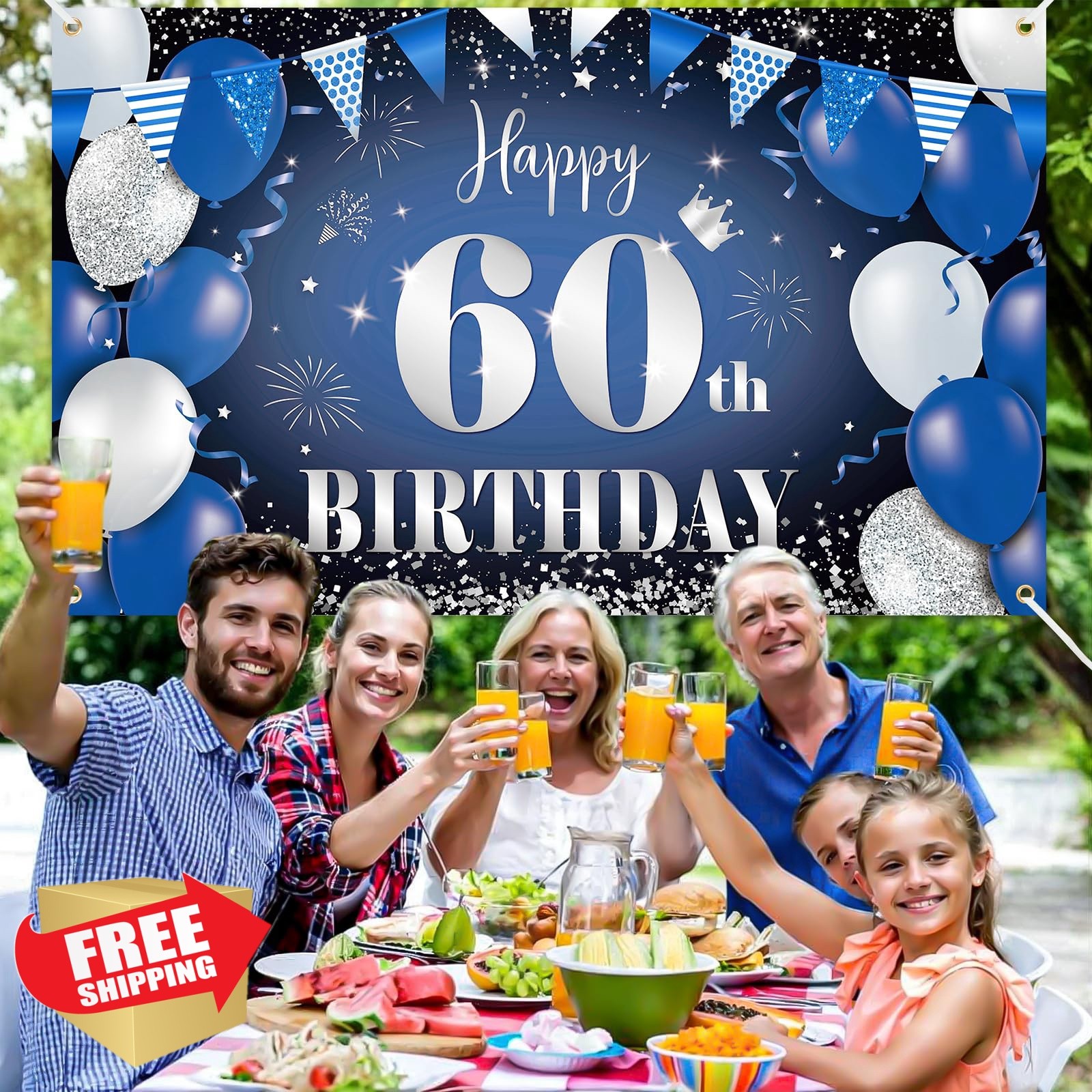 BTZO 60th Birthday Banner Navy Blue Black Silver 180x110cm