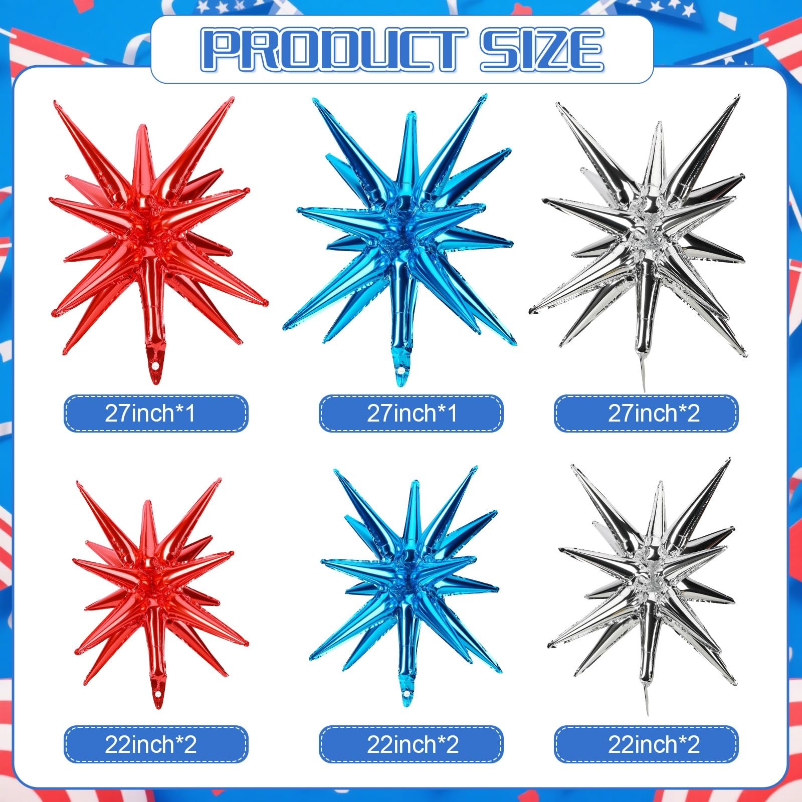 10 Pcs Red White Blue Star Balloons Explosion Starburst Foil Cone Balloons Ma…