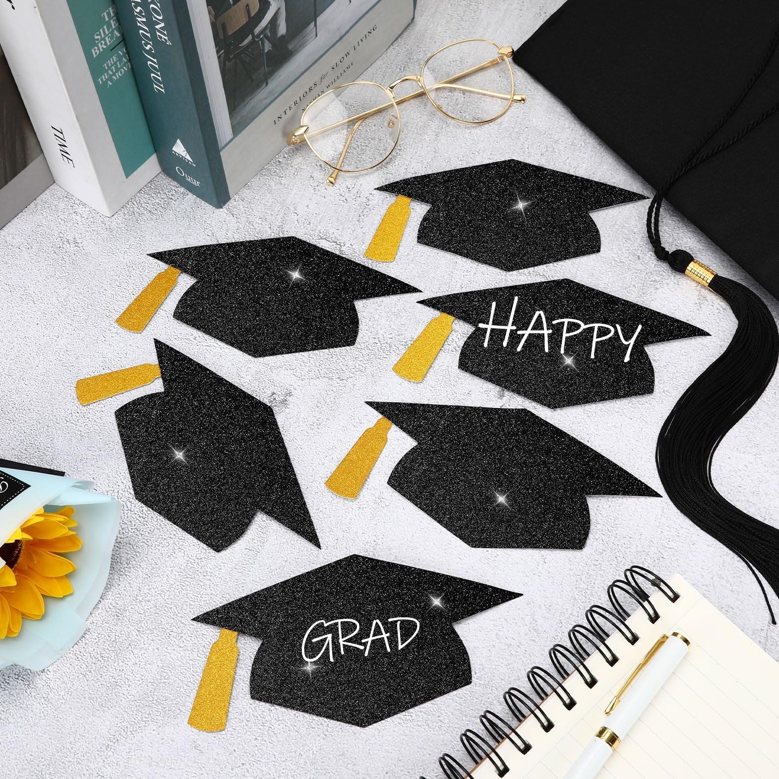 70 PCS Black Gold Grad Caps Glitter Cutouts Glue Points 5.7 Inch