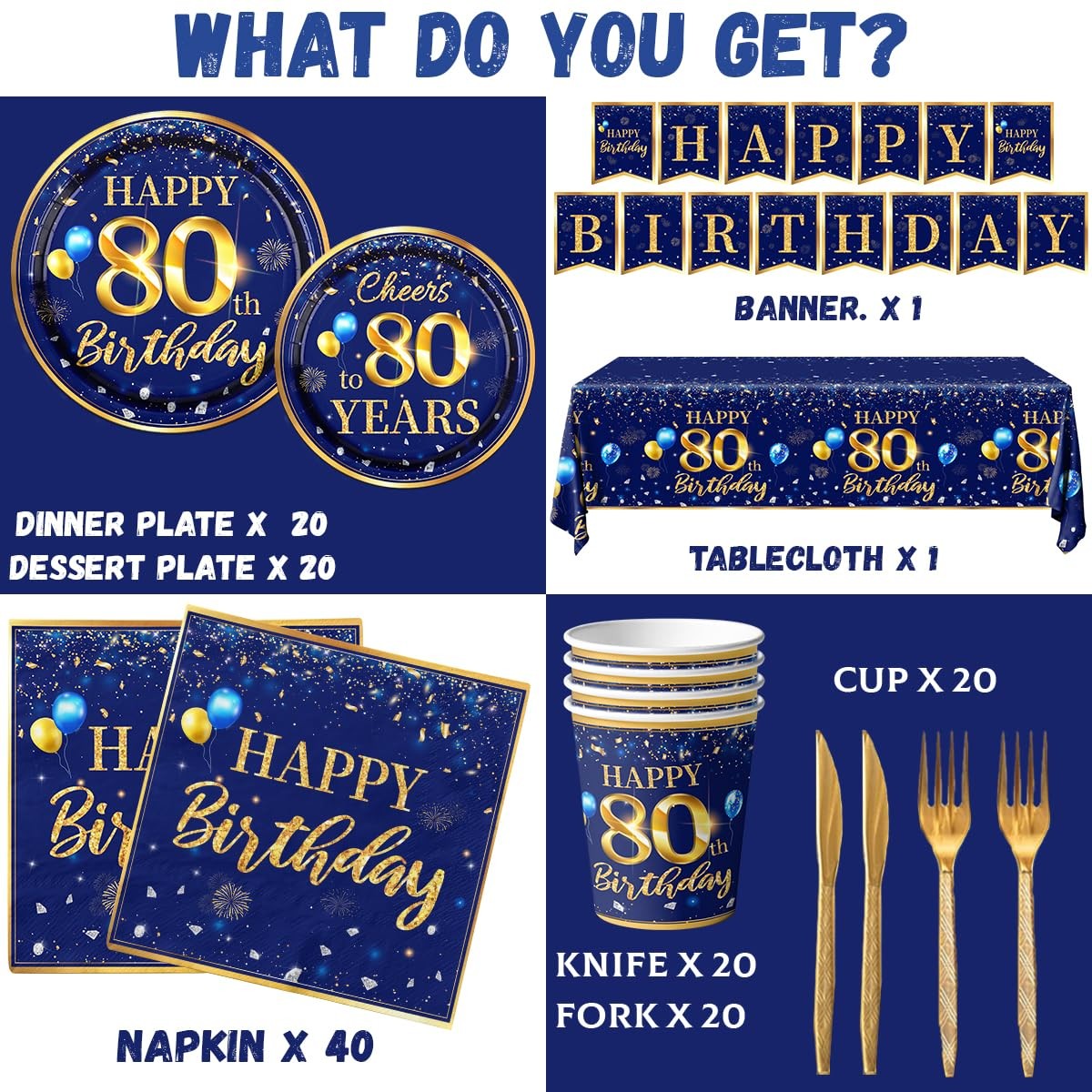 80th Birthday Decoration Men-142pcs Navy Blue and Gold Birthday Tableware Set…