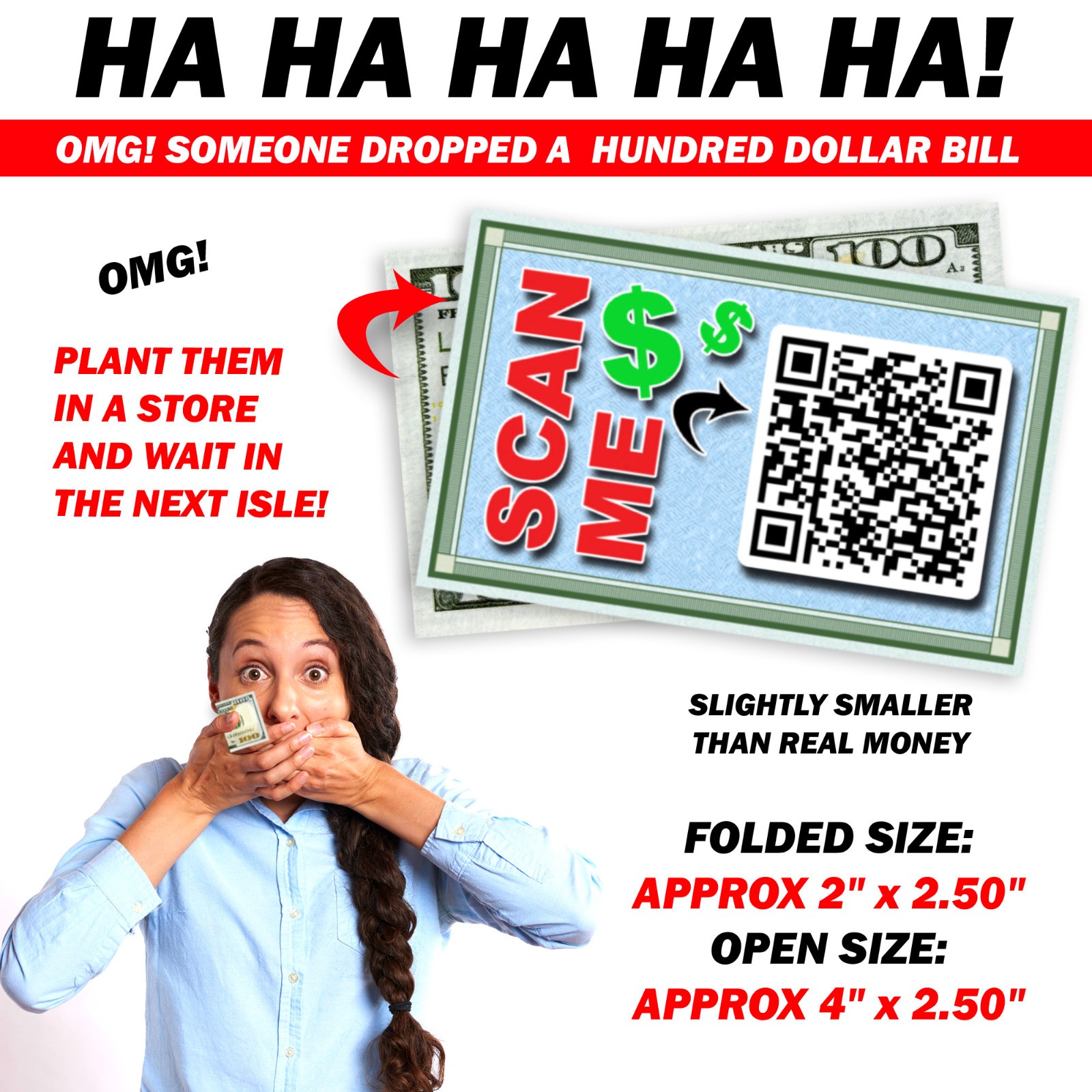 QR Code Woman Loudly Moaning 50 Fake Replica Hundred Dollar Money Card Prank