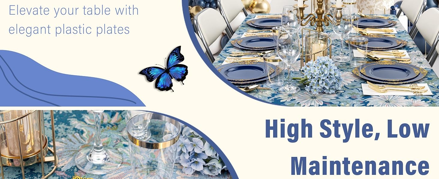 175PCS Blue Plastic Plates – Blue Gold Plastic Dinnerware Set Disposable Include