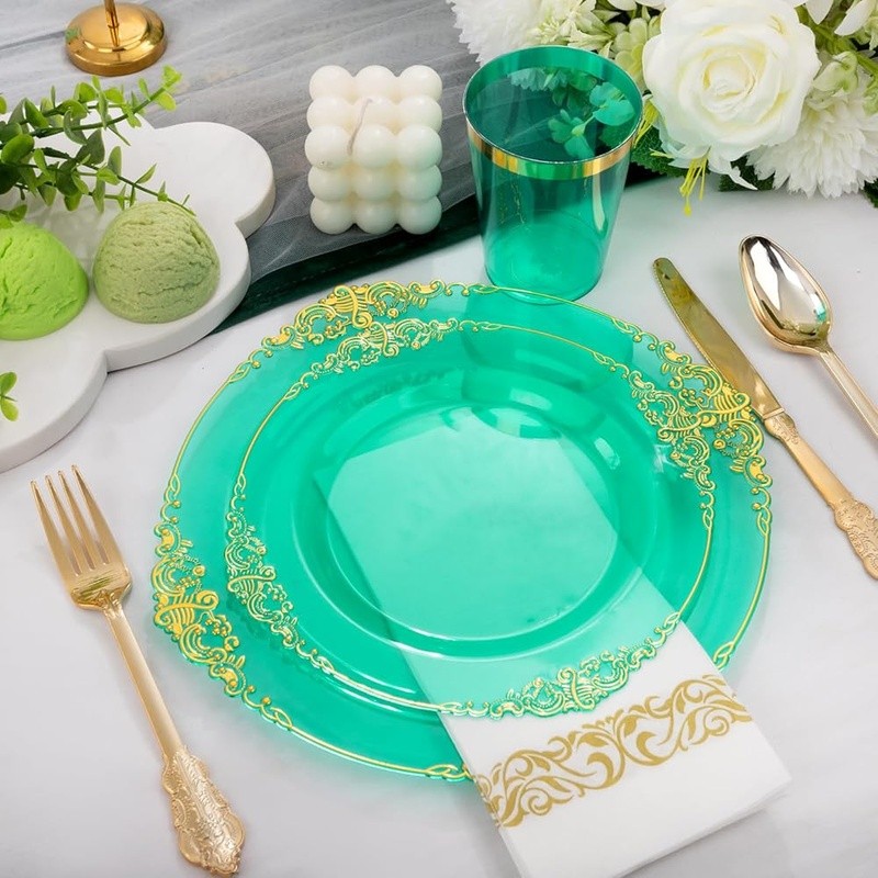 Premium Disposable Plastic Plates Set 25 Guests W/ Gold Cutlery & Napkins New