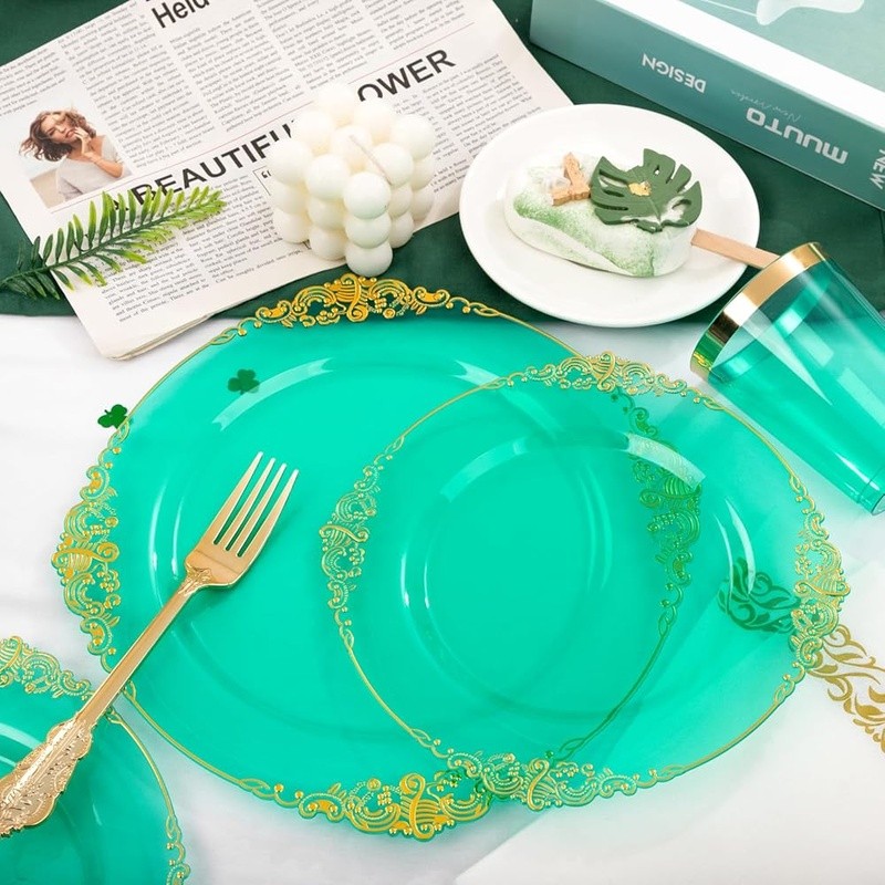 Premium Disposable Plastic Plates Set 25 Guests W/ Gold Cutlery & Napkins New