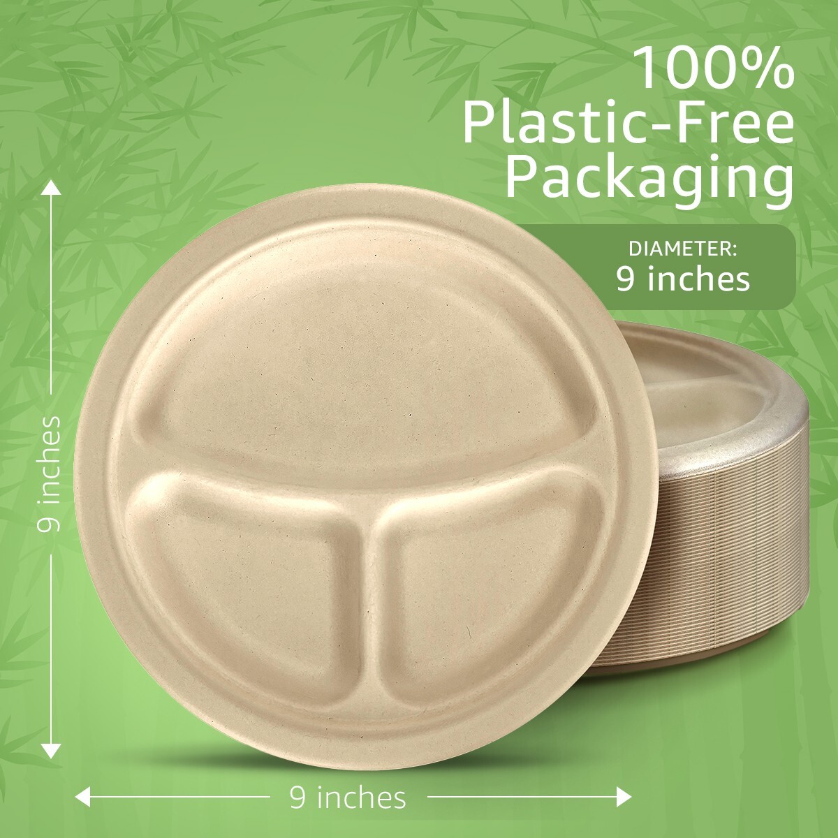 Ibambo Bamboo Disposable Compartment Plates – 9 Inch, 125 Pack, Compostable