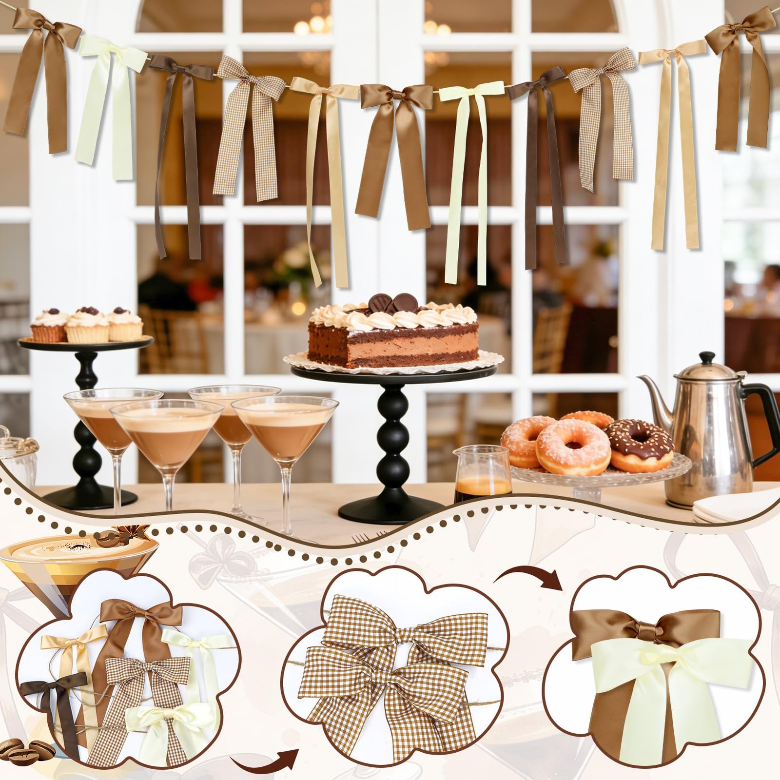 Brown Plaid Bow Garland Banner, Espresso Martini Theme Bow Garland Gingham Ri…