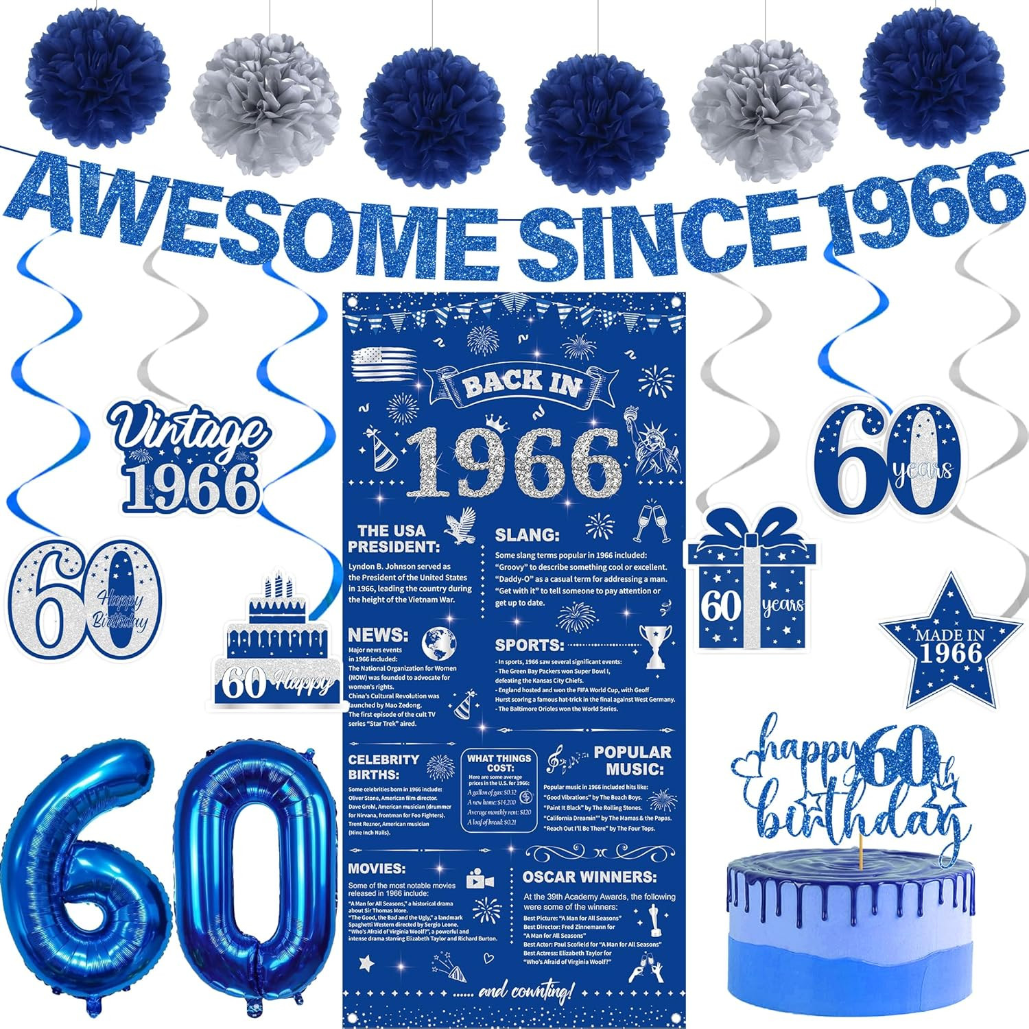 60Th Birthday Decorations Men Banner – 17 Pcs Blue Glitter Back in 1966 Birthday
