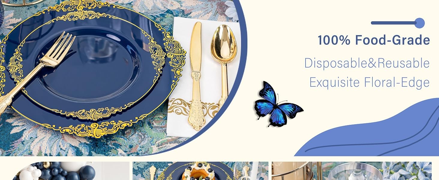 175PCS Blue Plastic Plates – Blue Gold Plastic Dinnerware Set Disposable Include