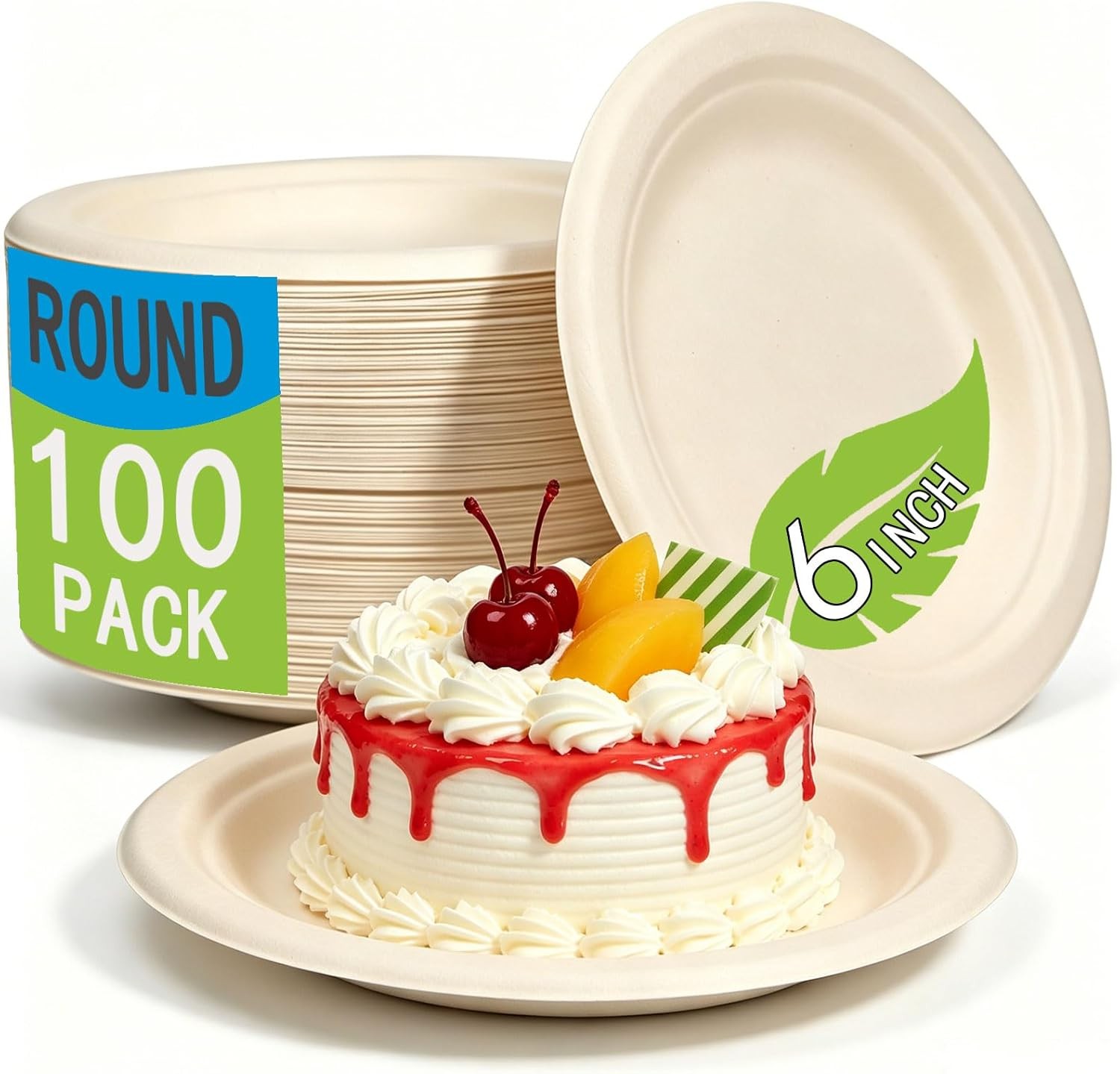 Disposable Small Paper Plates 6 Inch Brown 100 Counts Heavy Duty Natural Bagasse