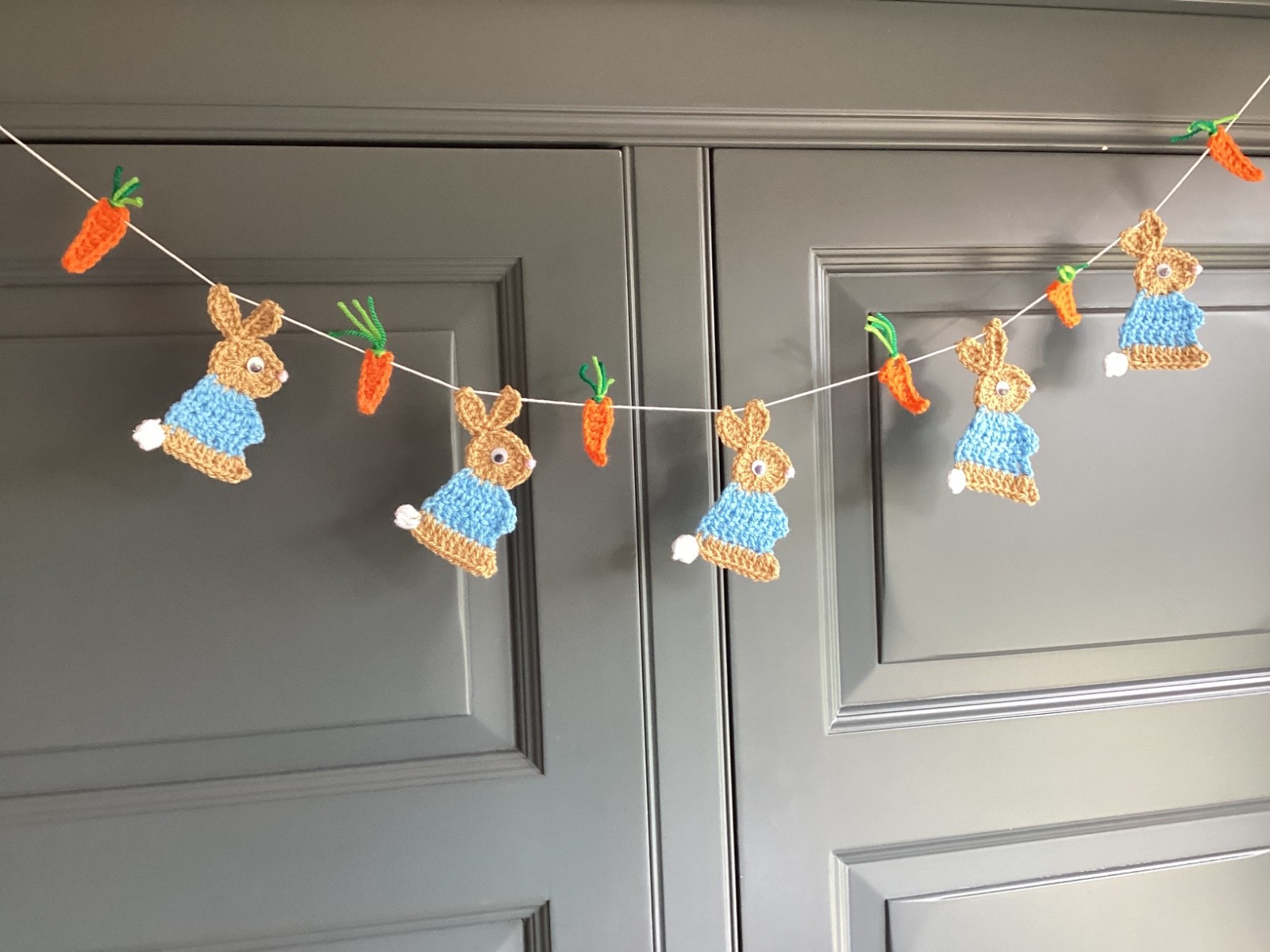 Bunny Rabbit & Carrots Garland/Bunting Handmade Crocheted Blue