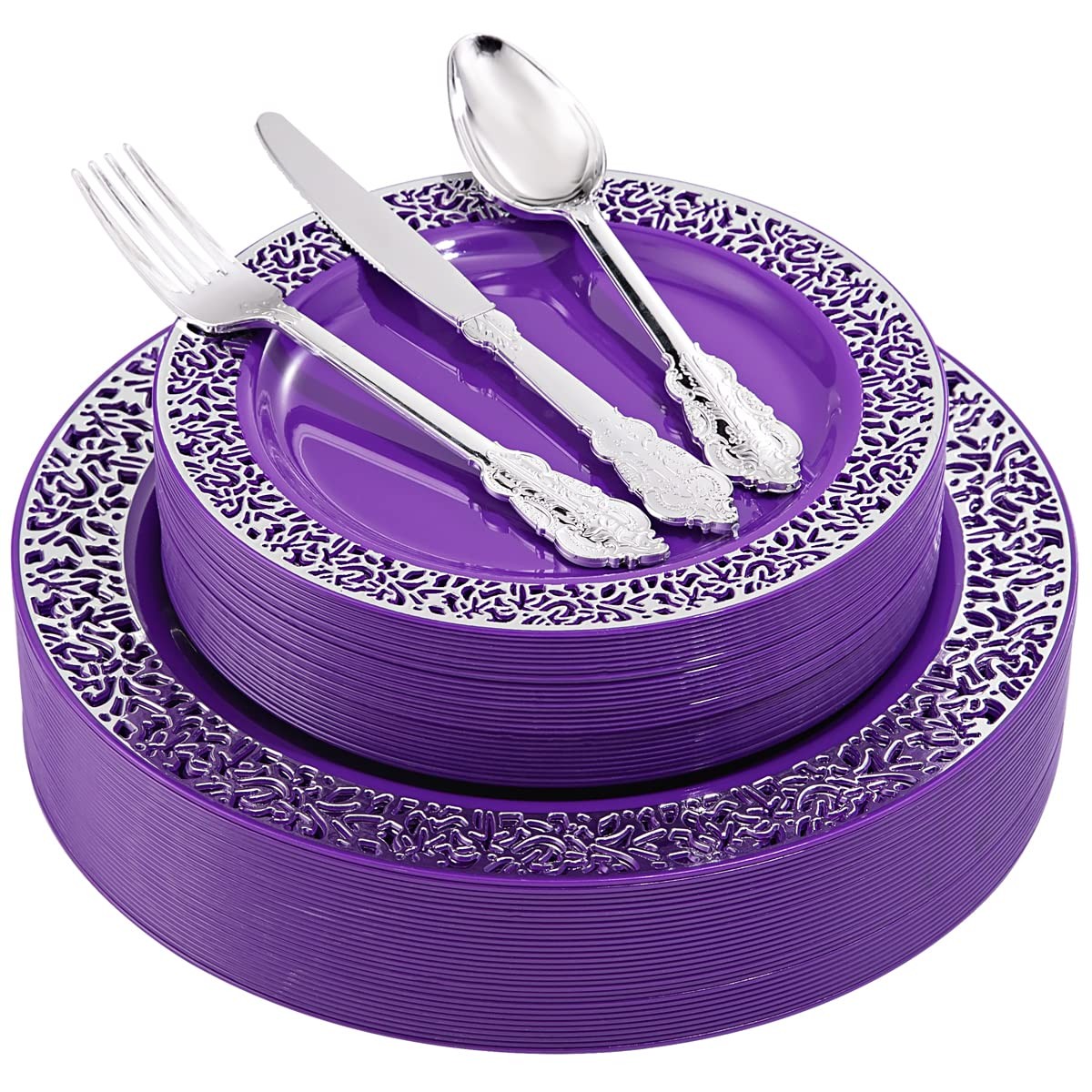 150PCS Purple Silver Plastic Plates with Silver Silverware, Silver Party Supp…