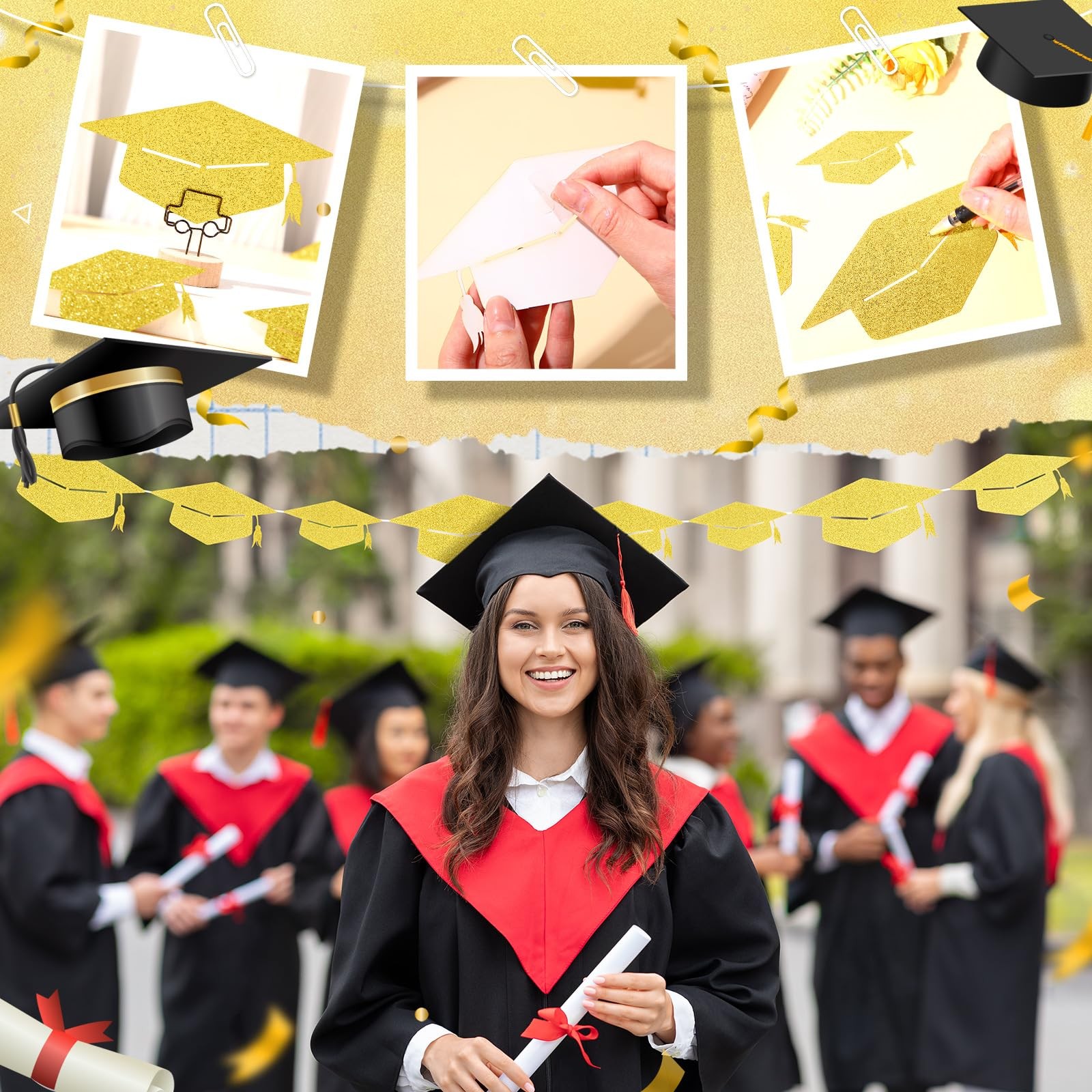 120 PCS Gold Glitter Grad Caps Cutouts Glue Points Class Of 2025 Tags