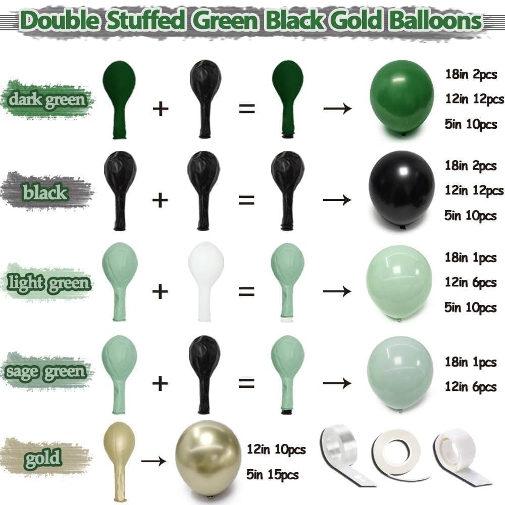 Green Gold Balloon Arch, Double Stuffed Black Gold Sage Emerald Dark Green Ba…