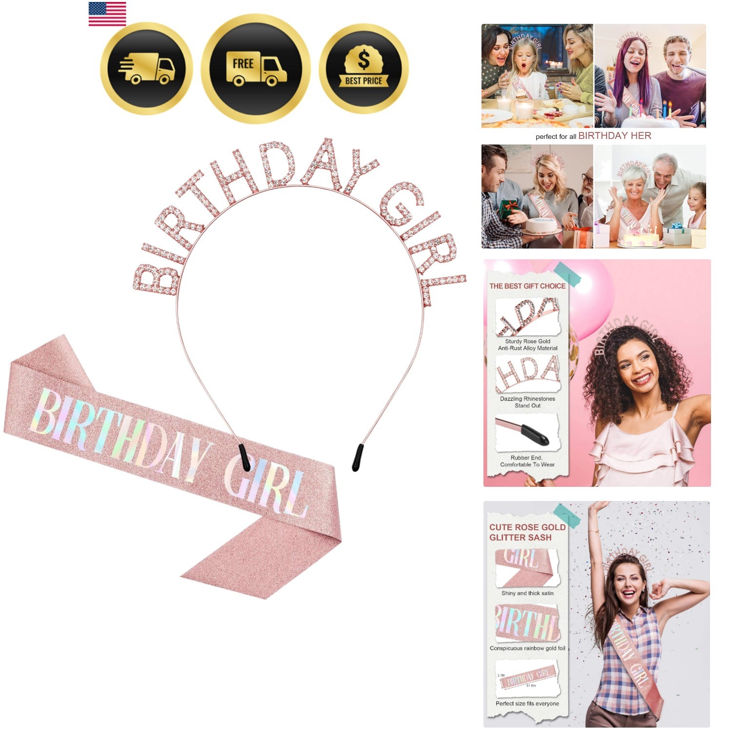 Birthday Crown and Sash Set for Women – Glitter Birthday Girl Sash, Rose-Gold…
