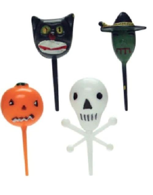 8 Piece Retro Halloween Assortment Cake Picks: Black Cat, Pumpkin, Witch, Skull