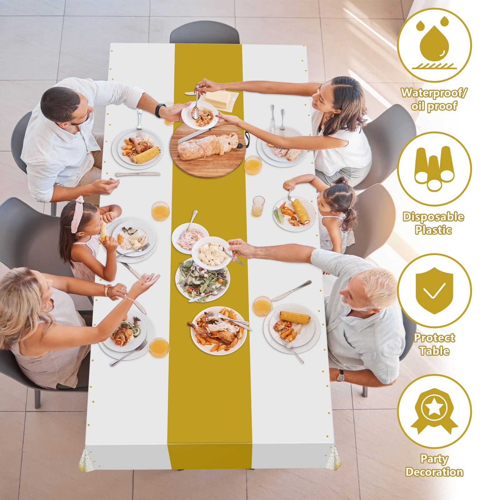 OHOME 4 Pack Disposable Plastic Table Cloths for Parties,White and Gold Rectangl