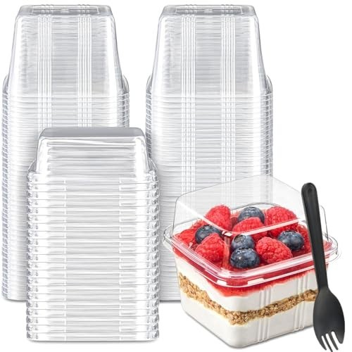 Dessert Cups 50 Count 8 oz Square Plastic Container with Lids Sporks Parfait