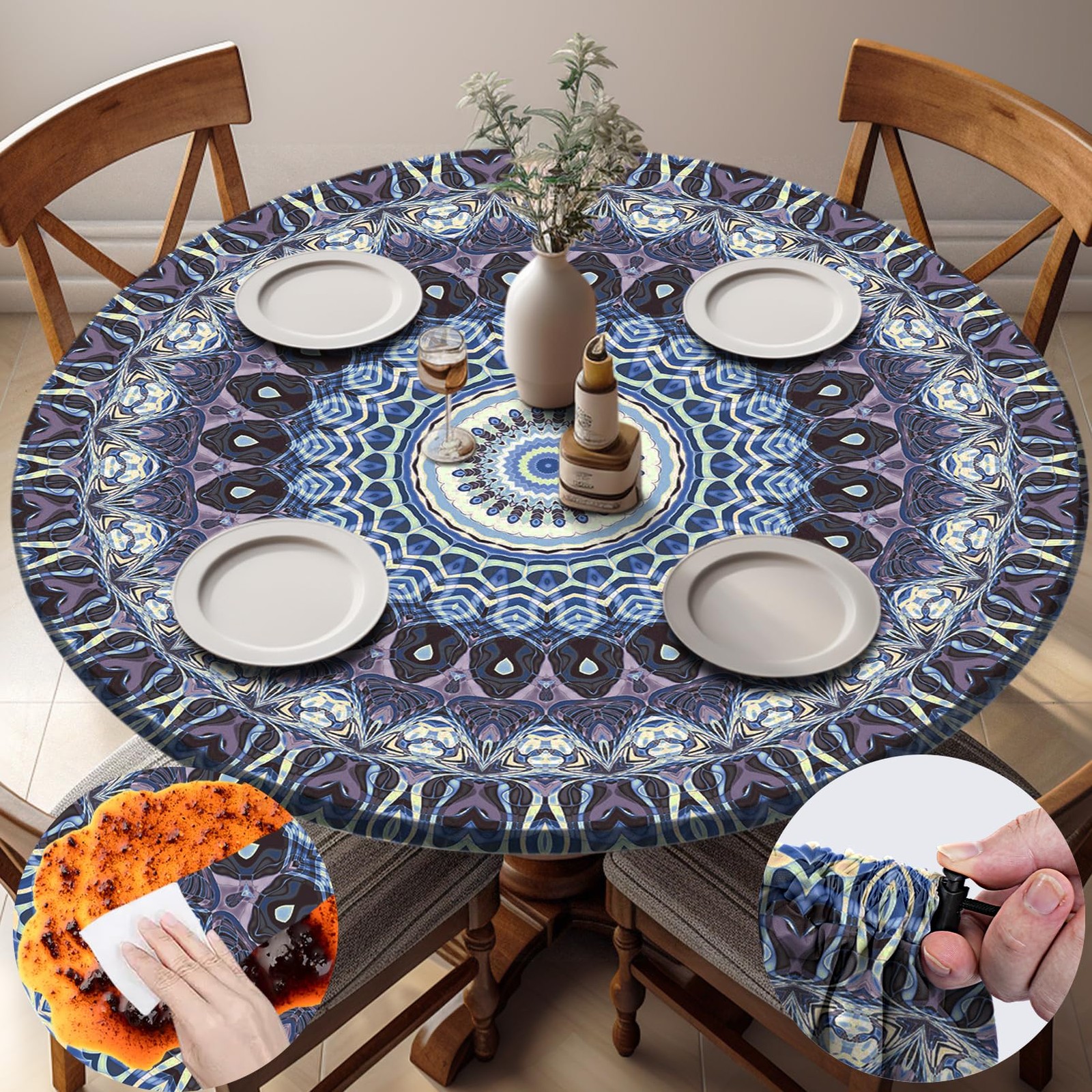 Fitted Round Fit 36-44 Inch Table, Blue Purple Bohemian