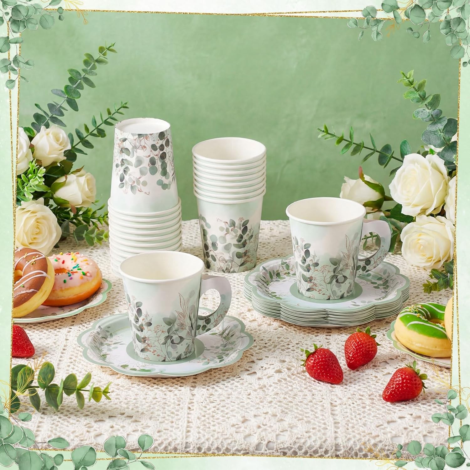 24 Sets Eucalyptus Leaf Tea Party Cups, 7 OZ Disposable Paper Tea Cups with