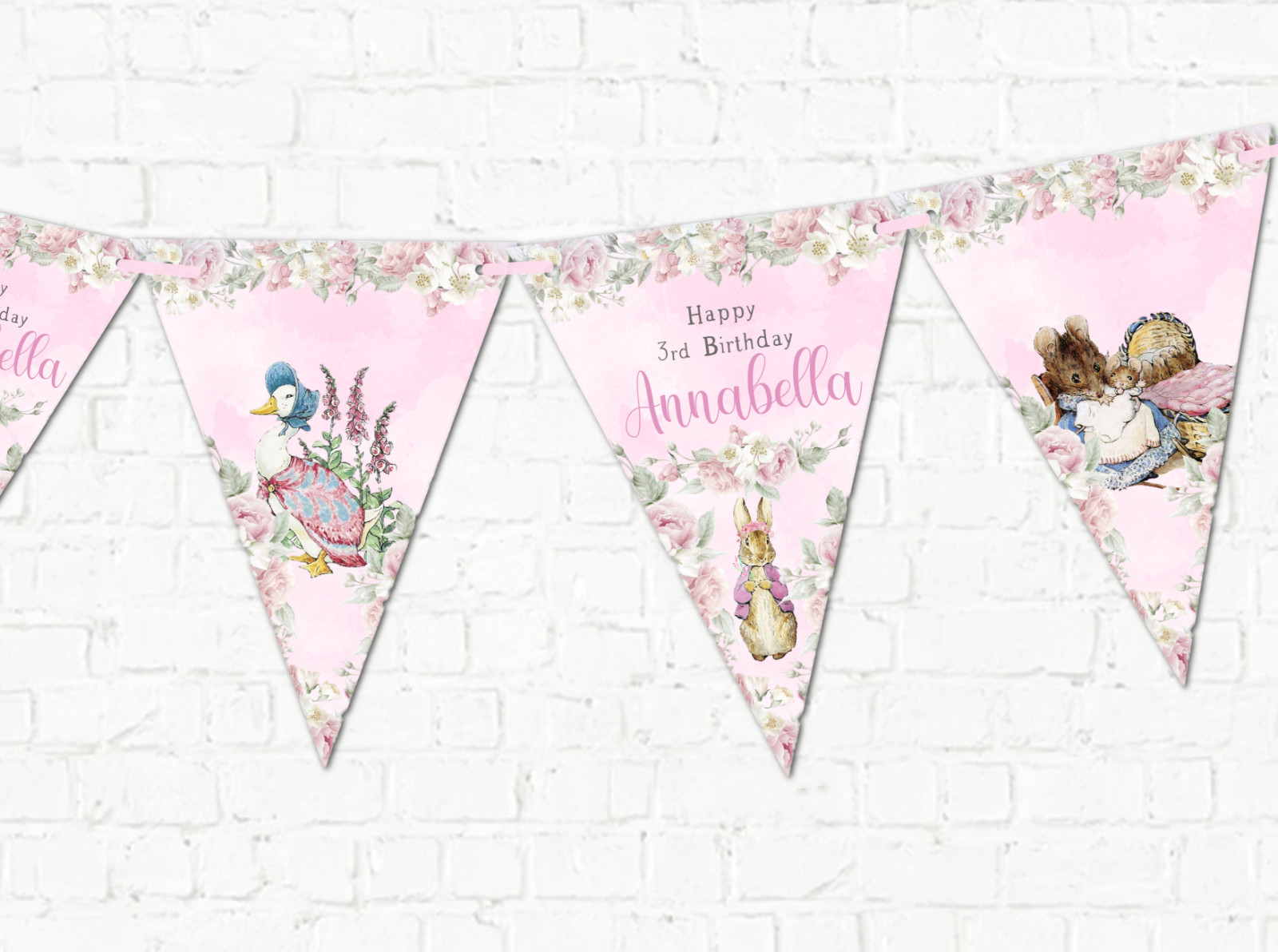 Personalised Pink Beatrix Potter Flopsy Bunny Peter Rabbit Bunting -Any Occasion