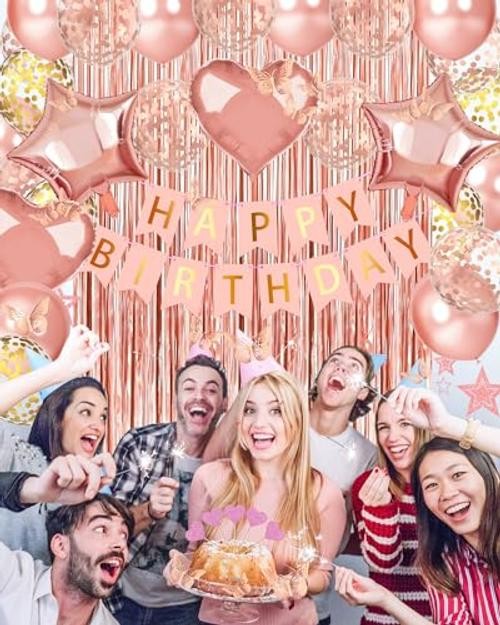 Happy Birthday Party Decorations, Happy Birthday Banner Foil Heart Rose Gold