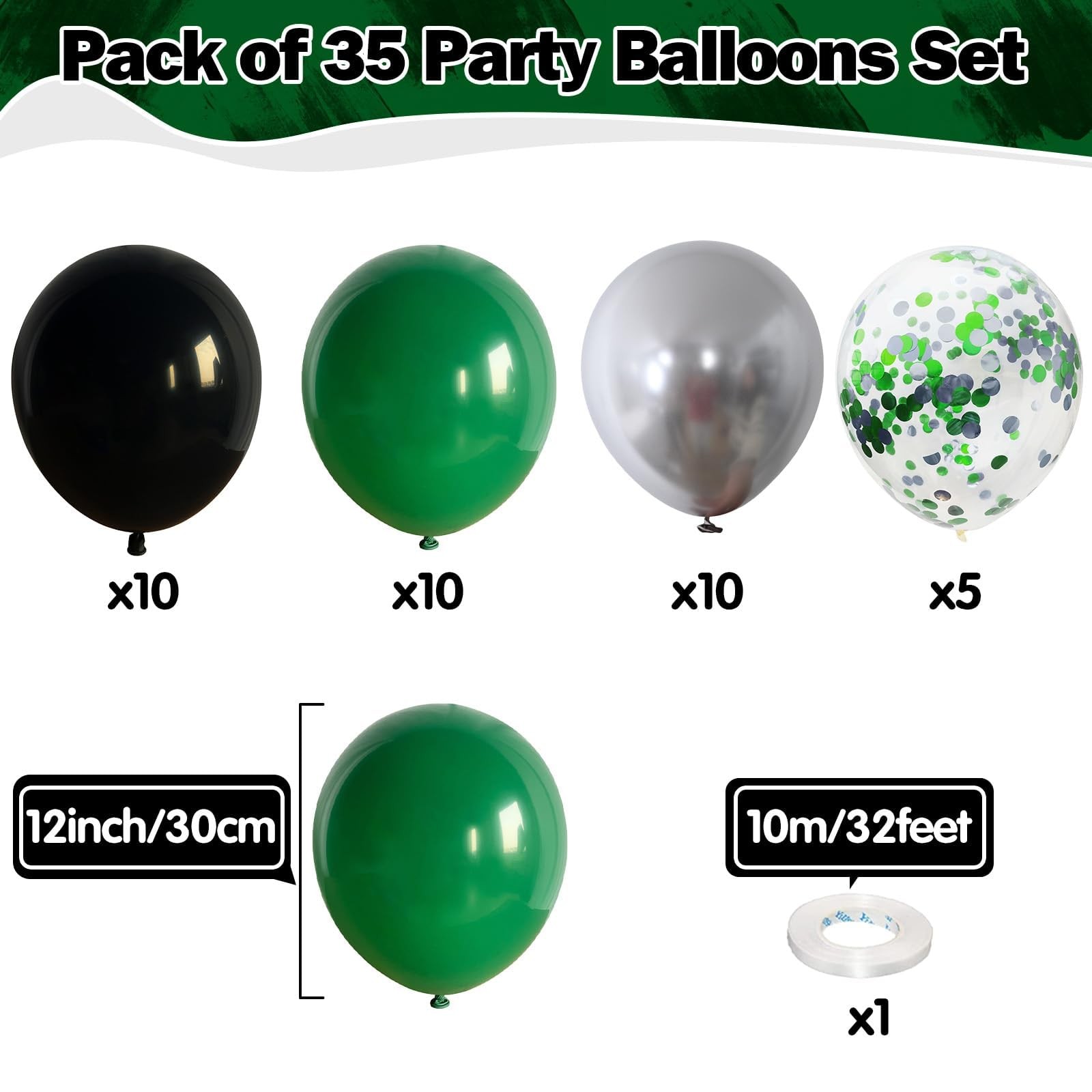 Green Black Balloons Dark Green Black Silver Confetti Balloons 35 Pcs 12 Inch…
