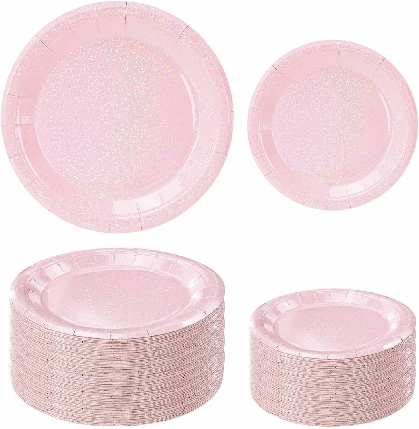 50 Pcs Iridescent Light Pink Paper Plates 25 × 7” and 25 × 9” Disposable Pink
