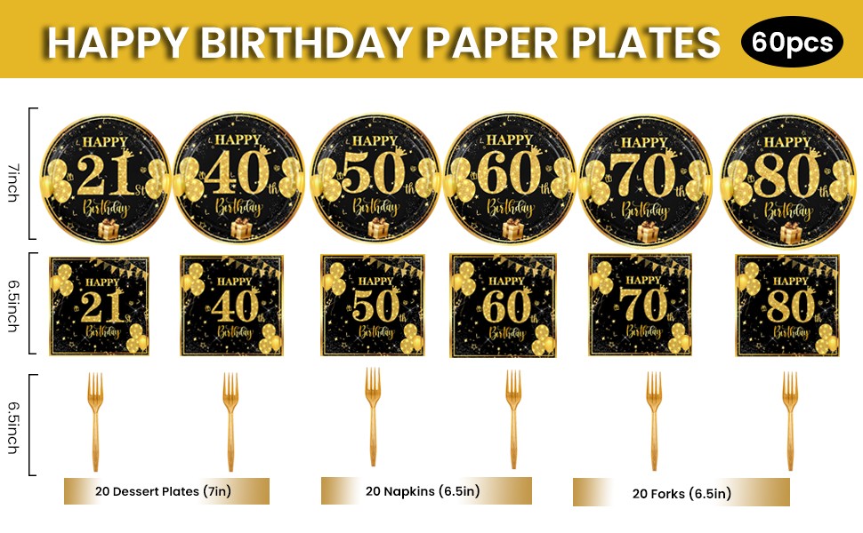 70th 7 inch Birthday Party Paper Plates and Napkins Forks 60 pcs Black Gold