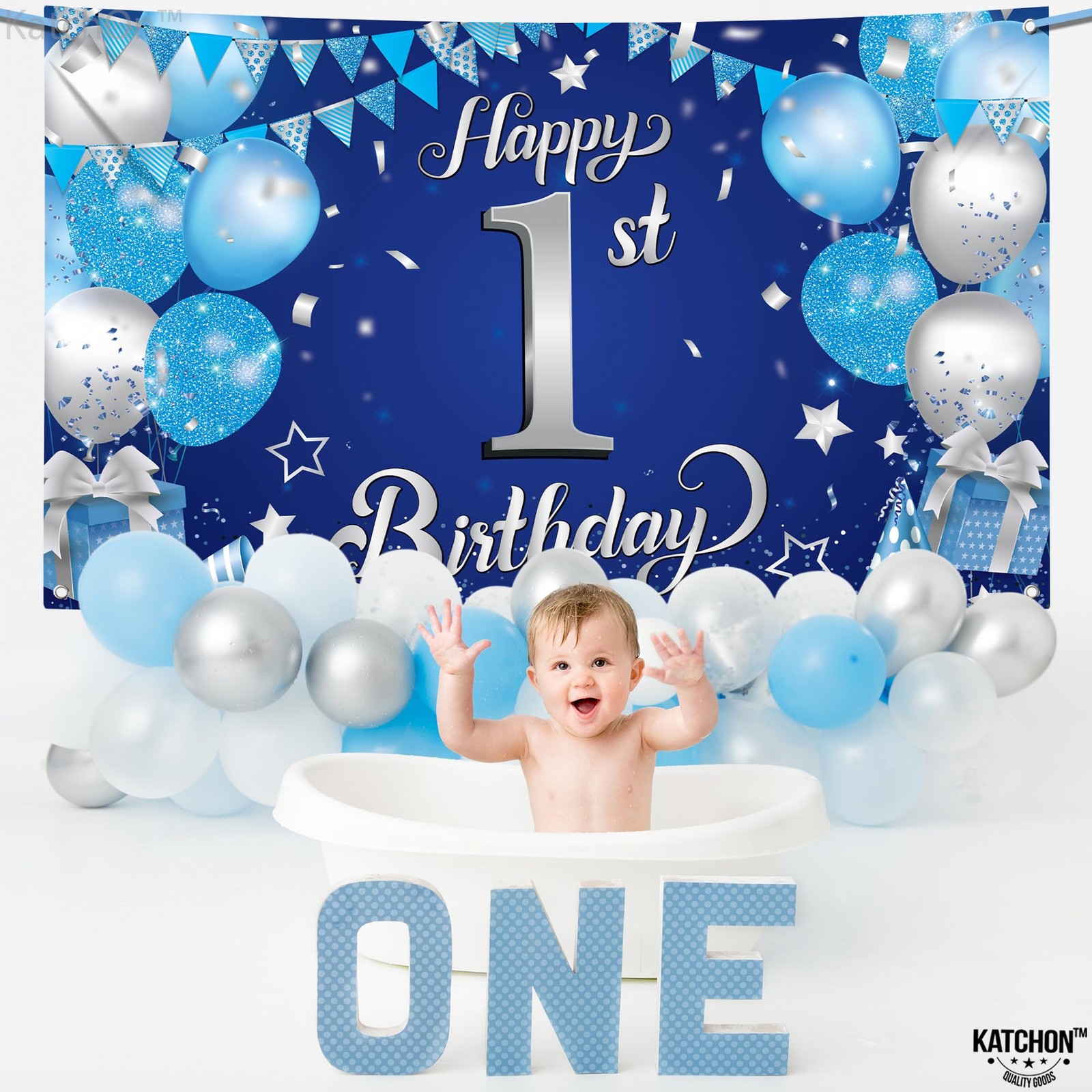 Happy 1st Birthday Banner Boy – 72×44 Inch, Xtralarge | Blue and Silver 1st Bir