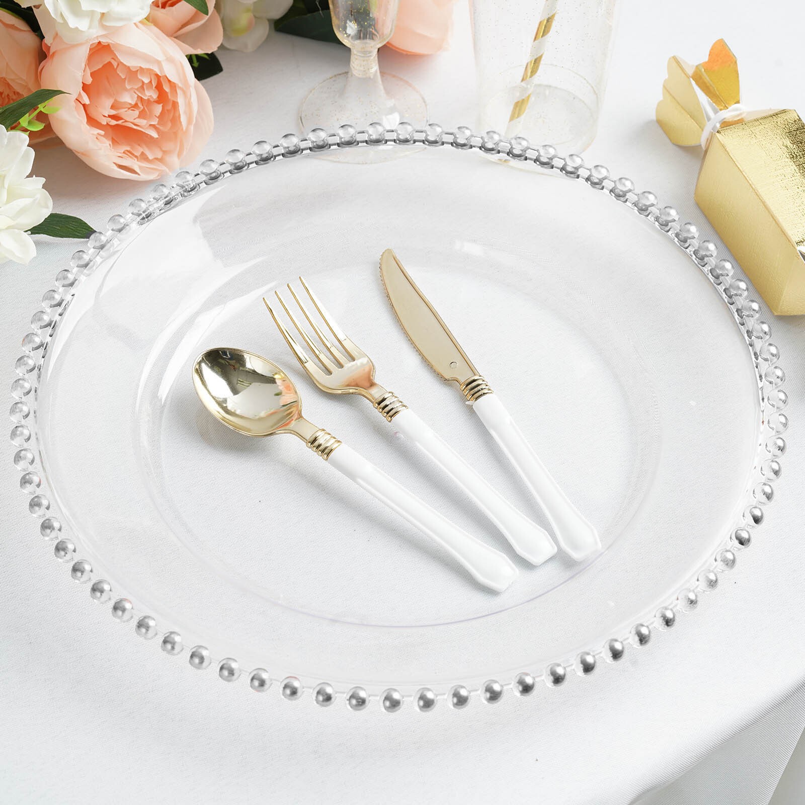 24 CLEAR SILVER 12″ Round Beaded Rim Charger Plates Wedding Reception Light Gray