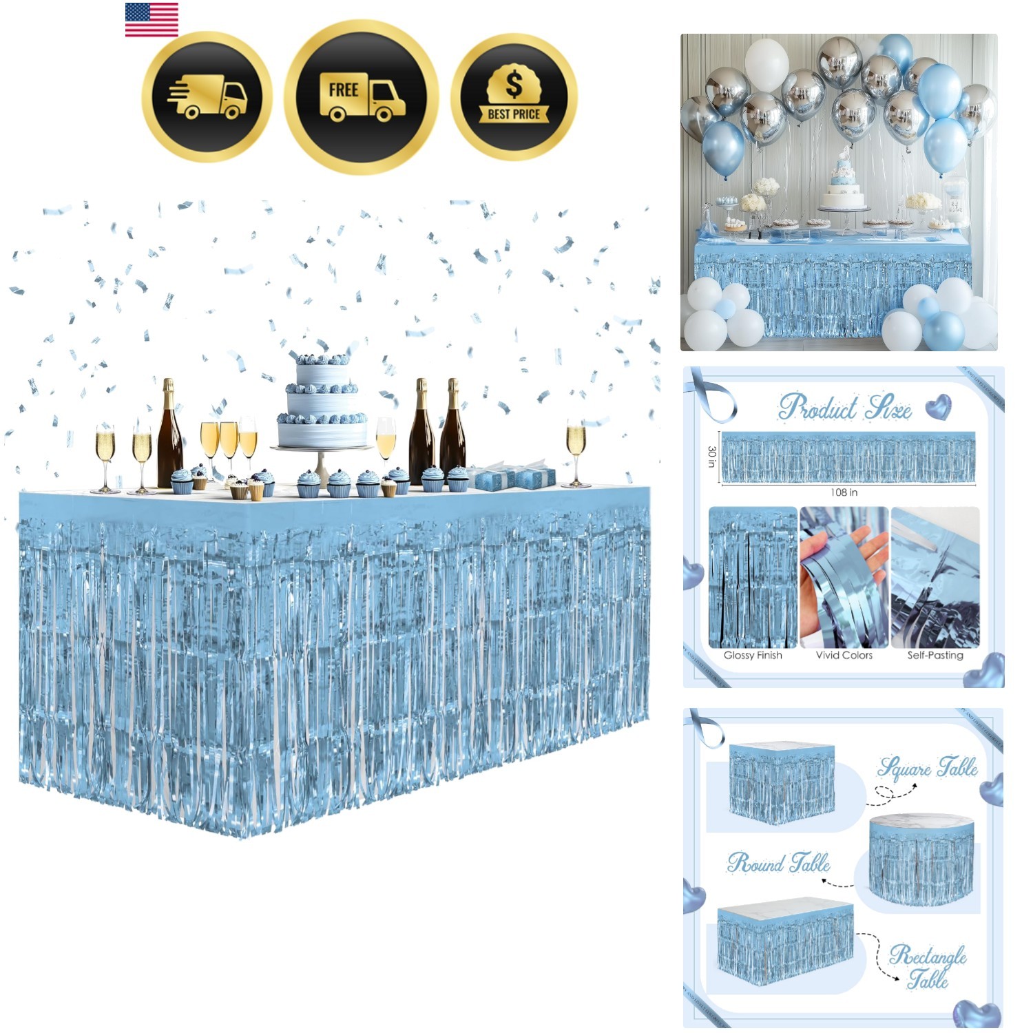 2 Pack Light Blue Table Skirts, 29×108″ Metallic Foil Tinsel Fringe Table Ski…