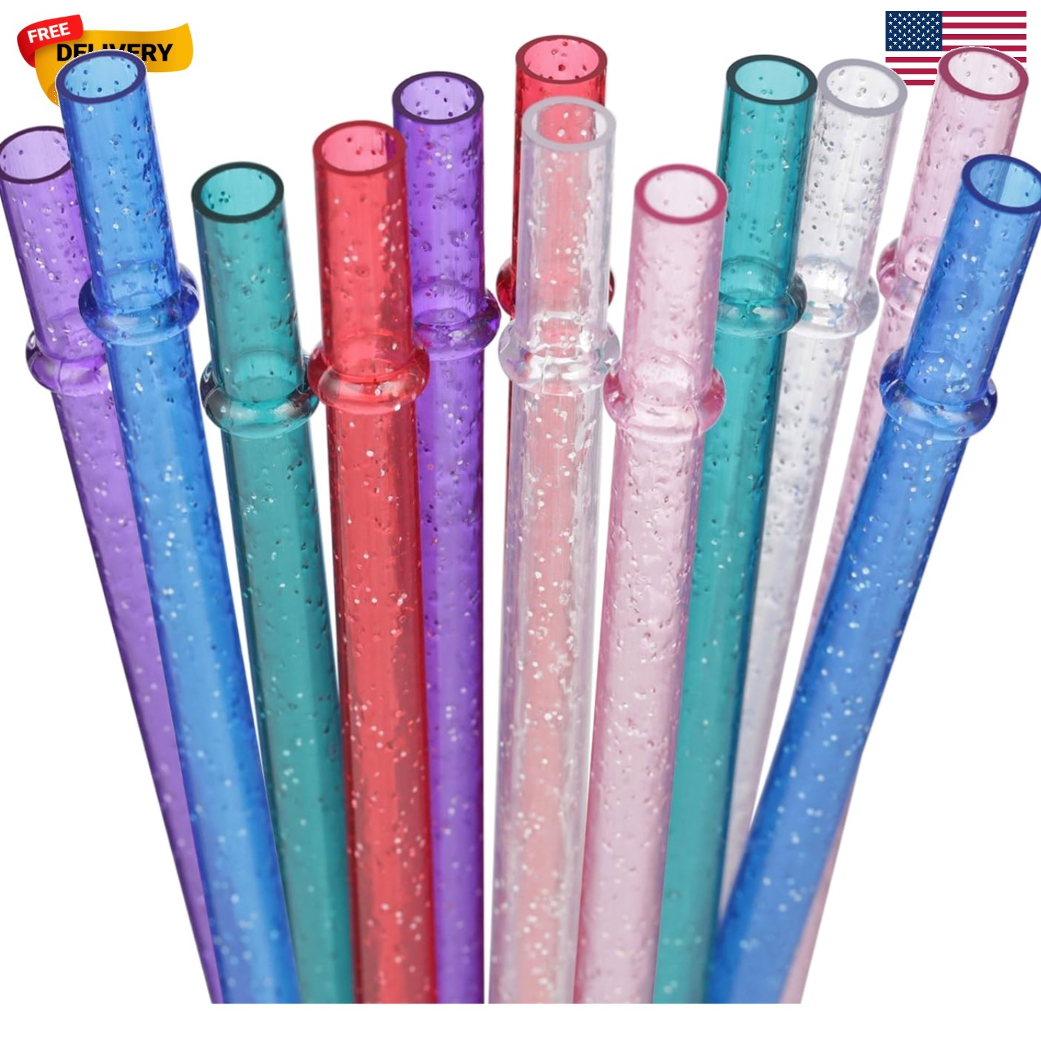 BPA-Free 12 Piece 9 Inch Reusable Clear Plastic Glitter Sparkle Drinking Stra…