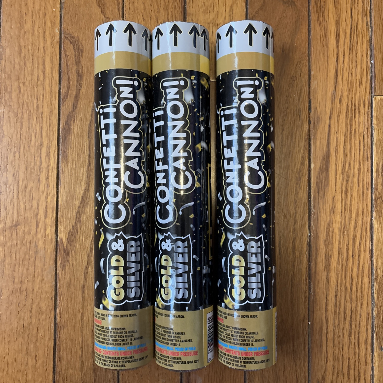 3 Confetti Cannon Poppers Gold & Silver 11” Tall Adult Supervision NEW