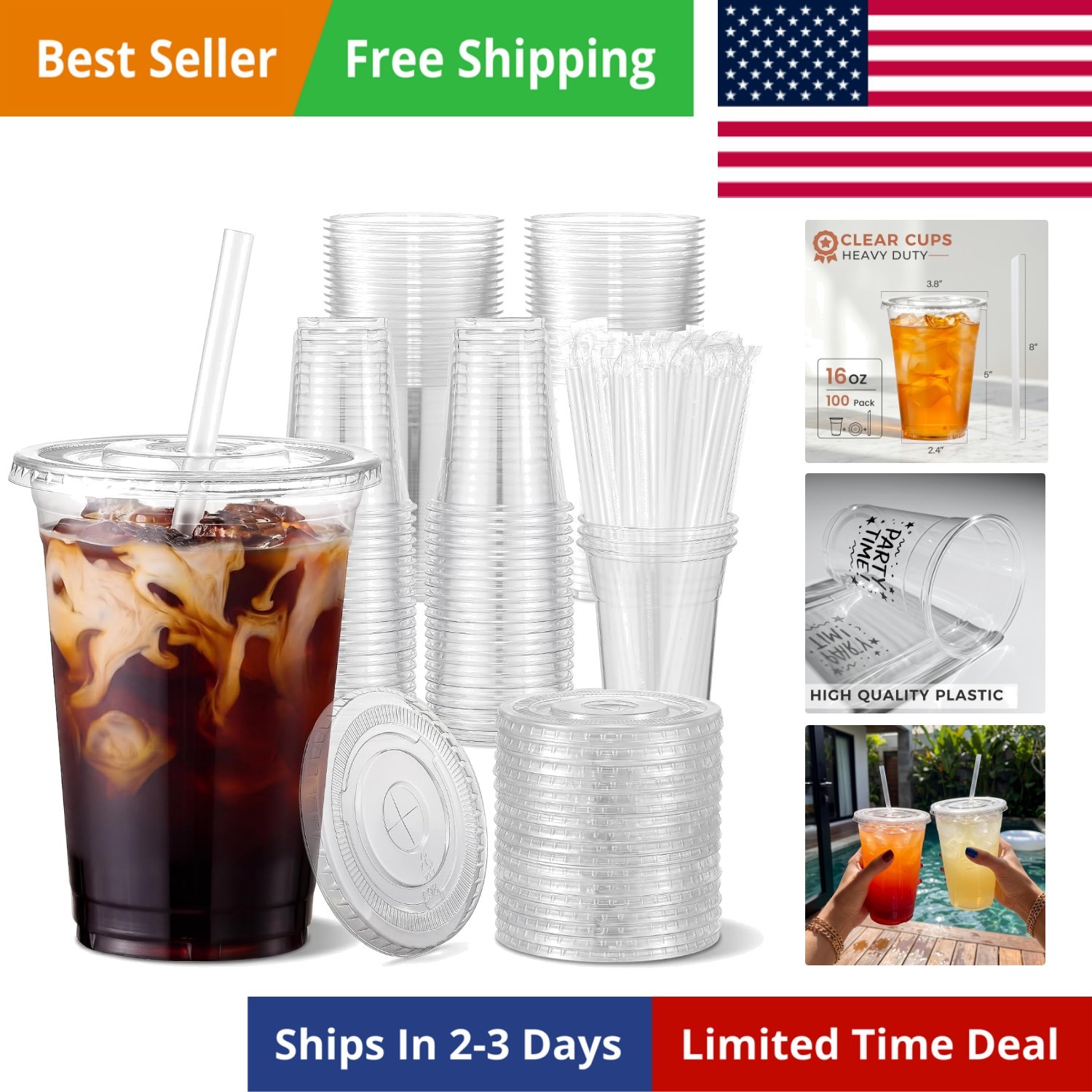 100 Sets – 16oz] Clear Plastic Cups with Lids and Straws, Disposable Iced Cof…
