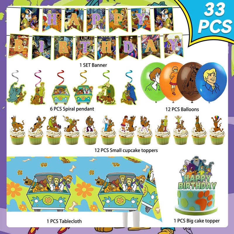 33 Pcs ScoobyDoo Party Decorations Birthday Party Supplies Banner Cake Topper